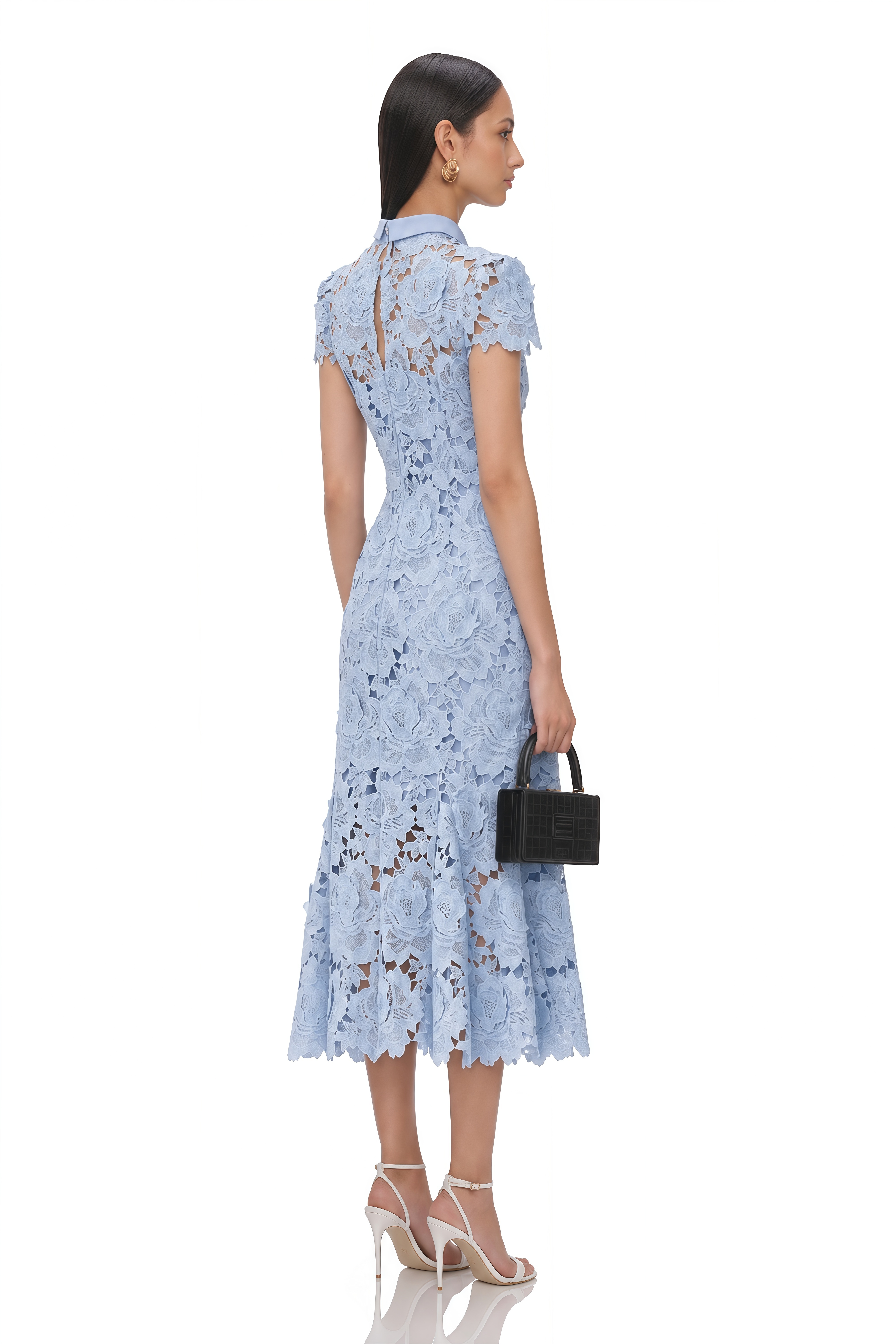 Aurore Blue Floral Appliqué Lace Midi Dress