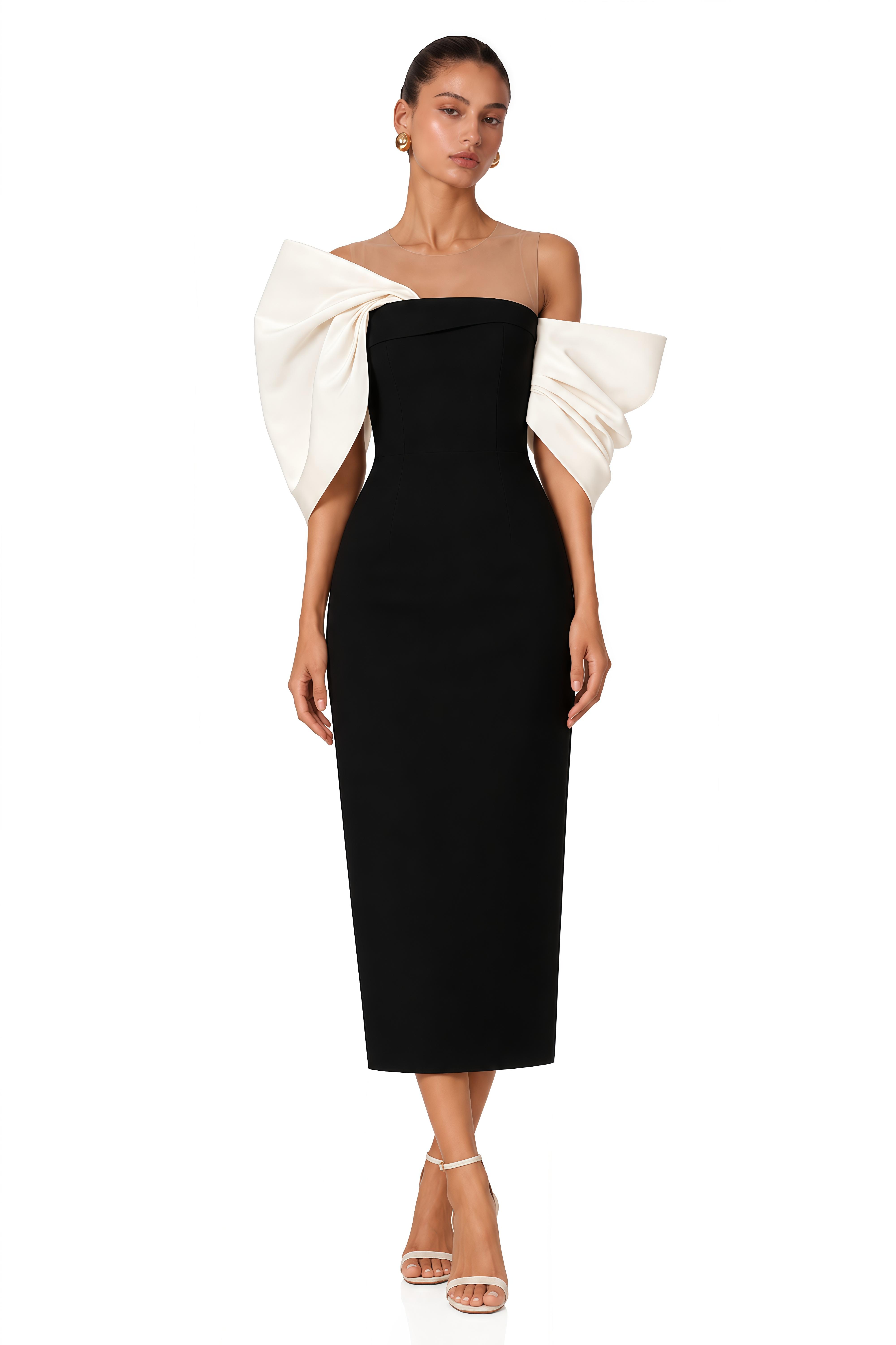 Leire Black Midi Dress with Asymmetrical Bow Detail