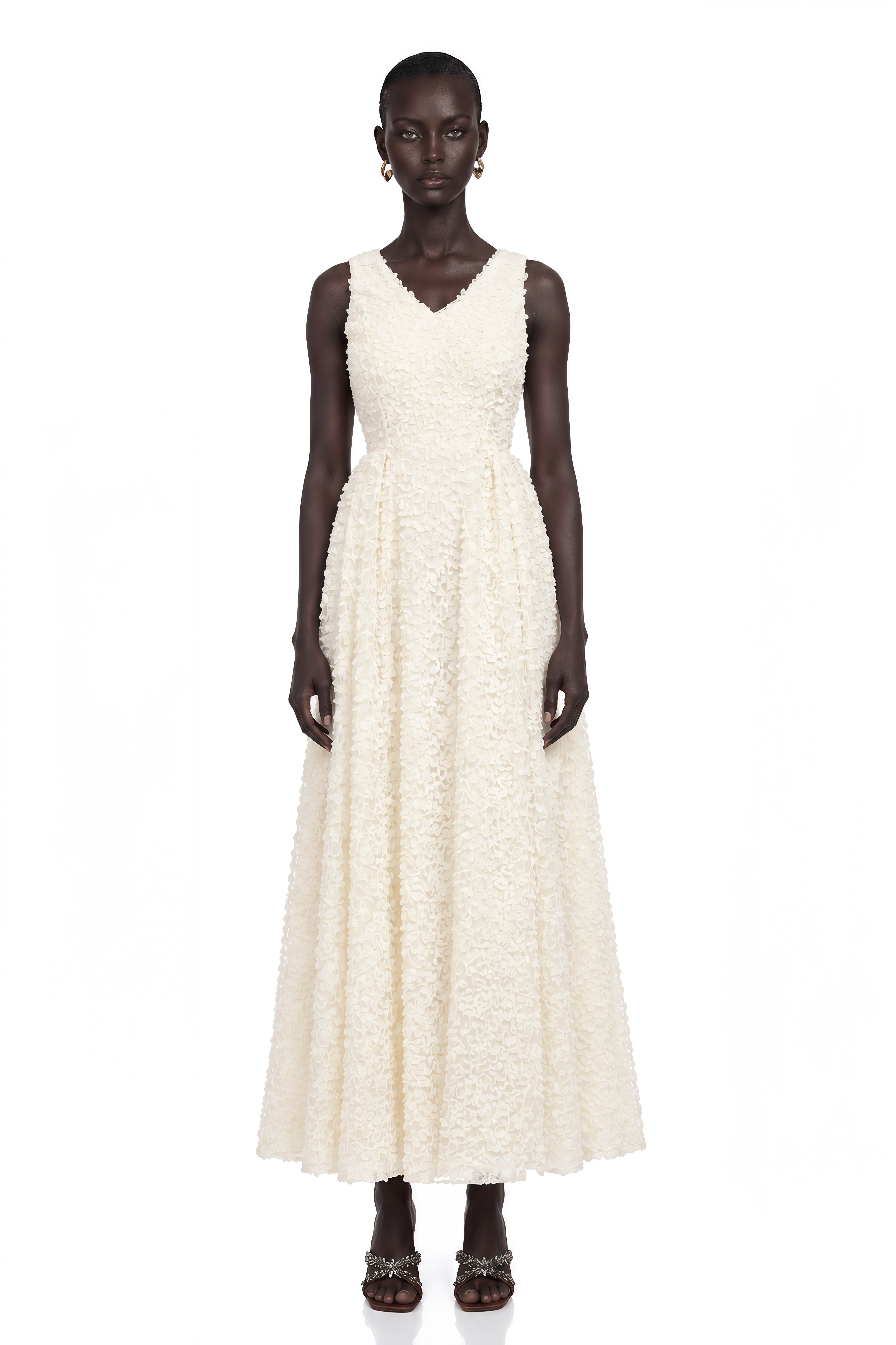 Luciana White Sleeveless Midi Dress with Fitted Bodice