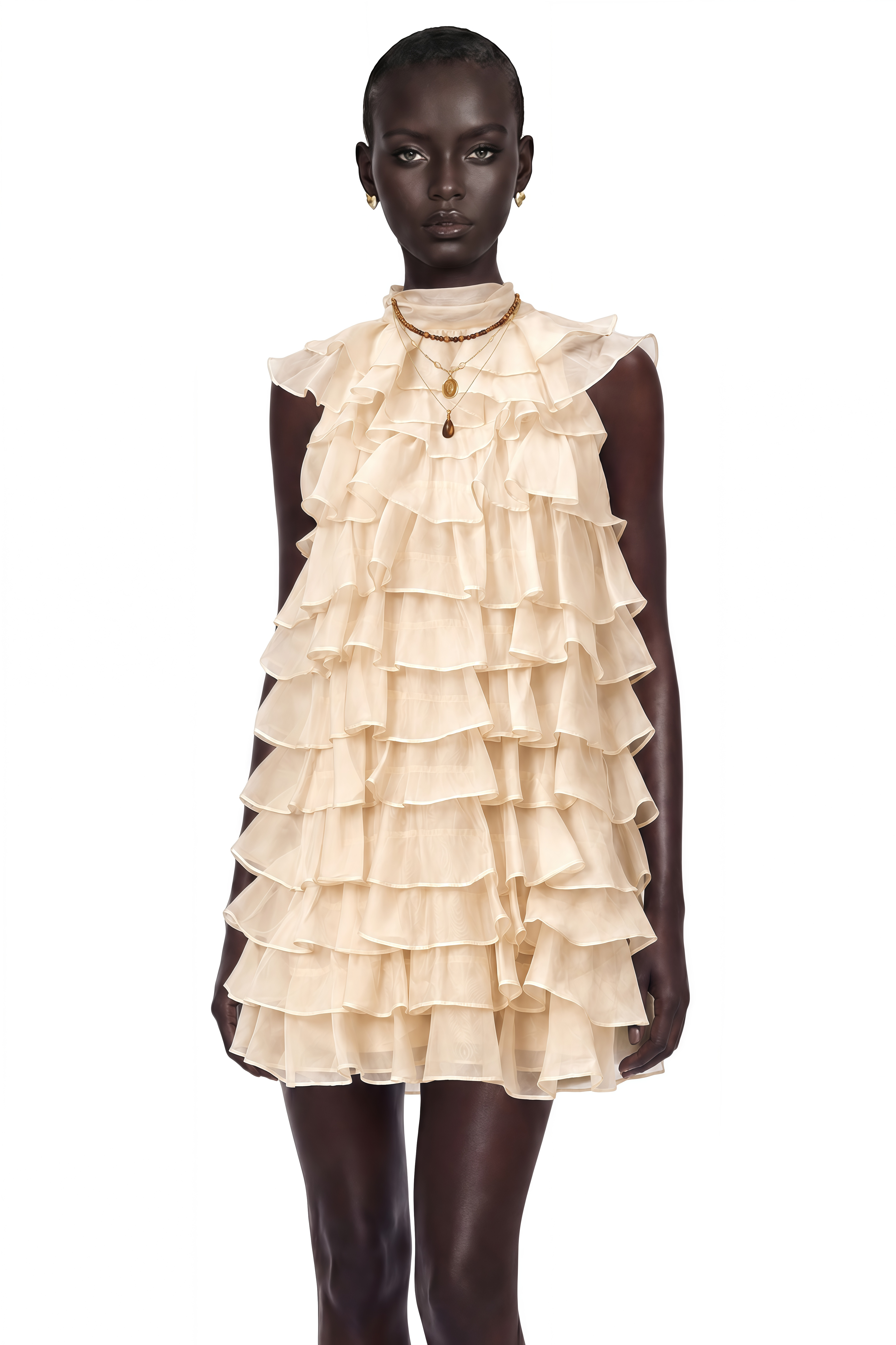Cream high-neck tiered ruffle mini dress