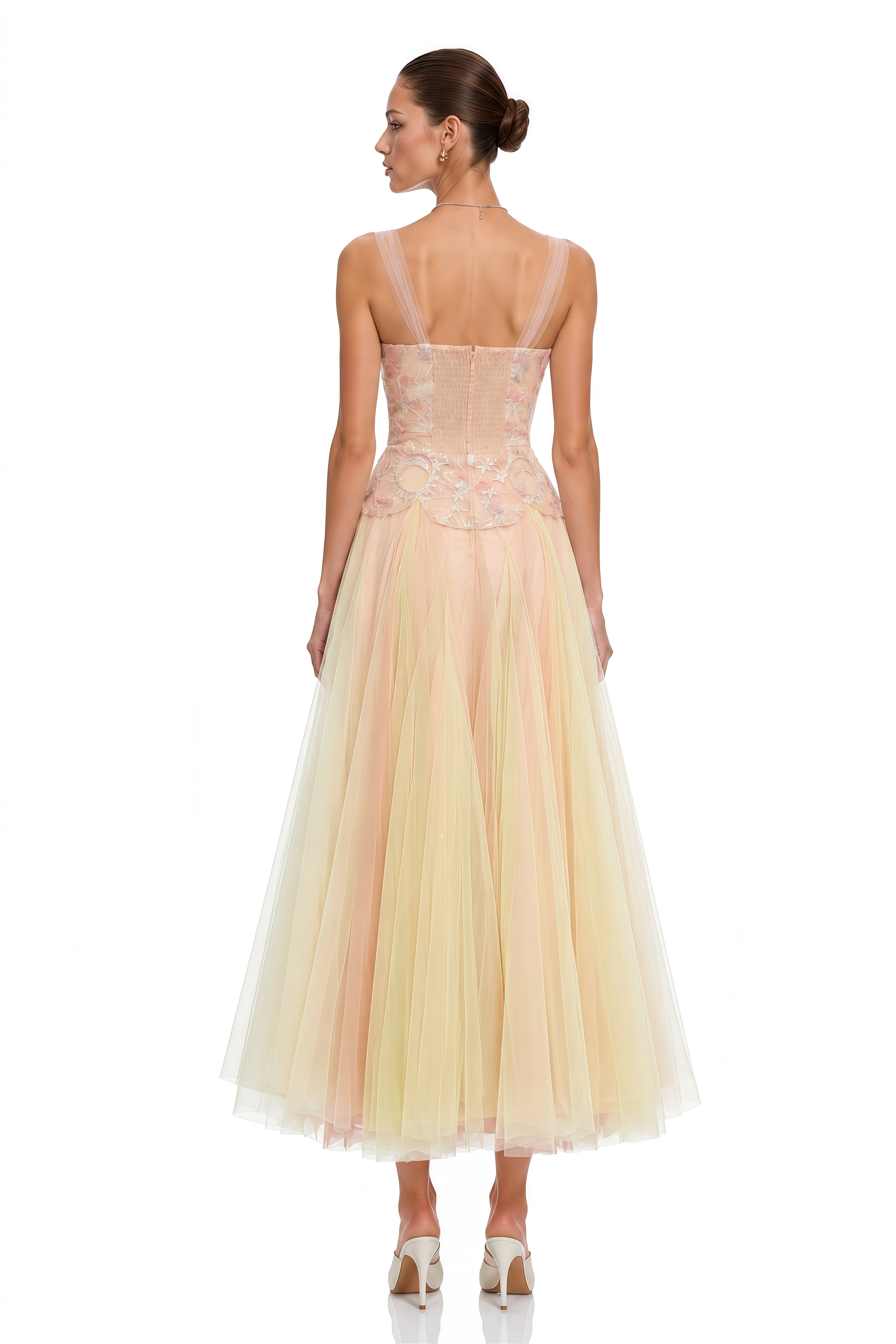 Remi Neutral Sequined Embroidered Tulle Midi Dress