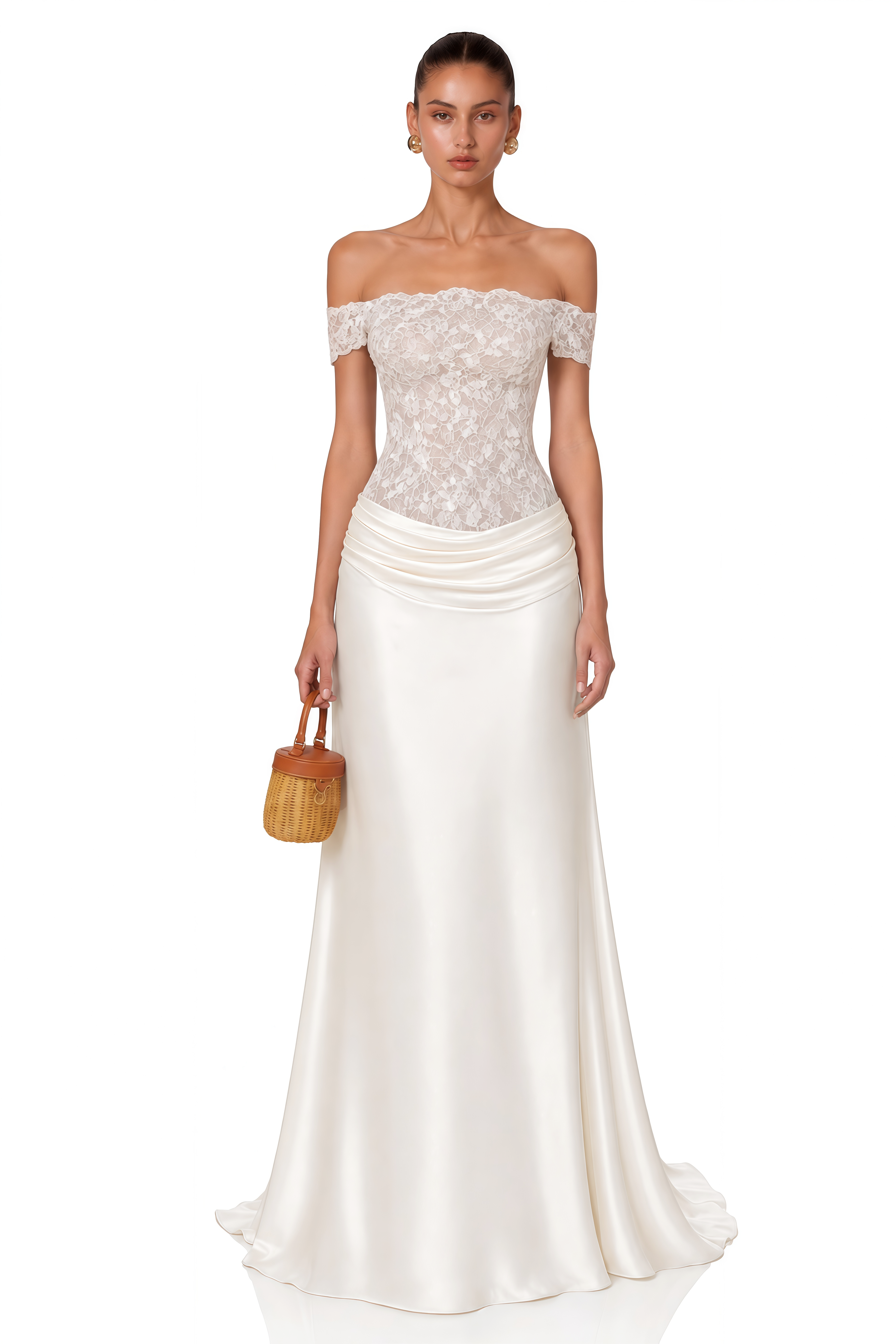 Grace White Satin Maxi Dress with Lace Panels