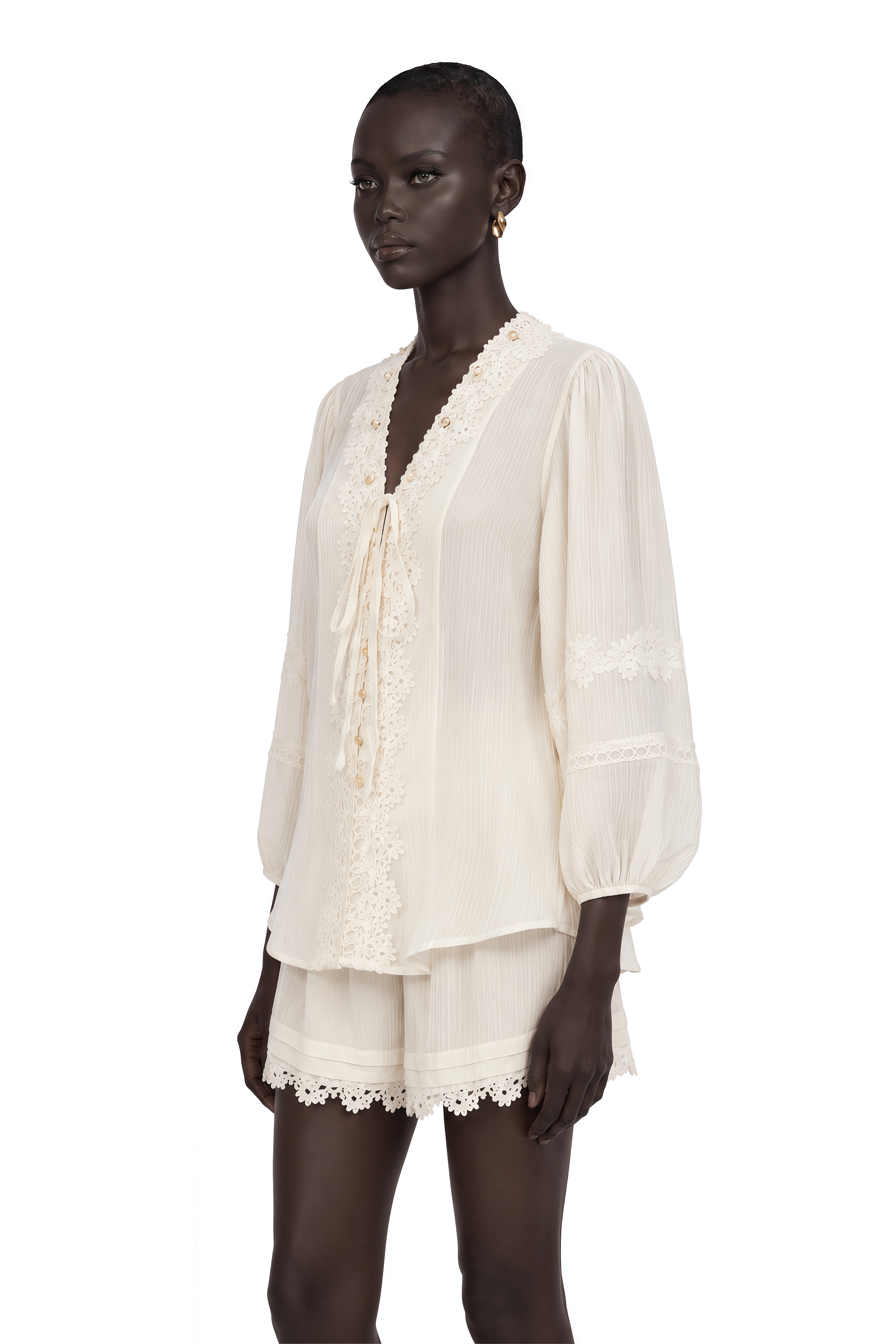Leonie Ivory V-Neck Blouse & Shorts Set with Floral Applique