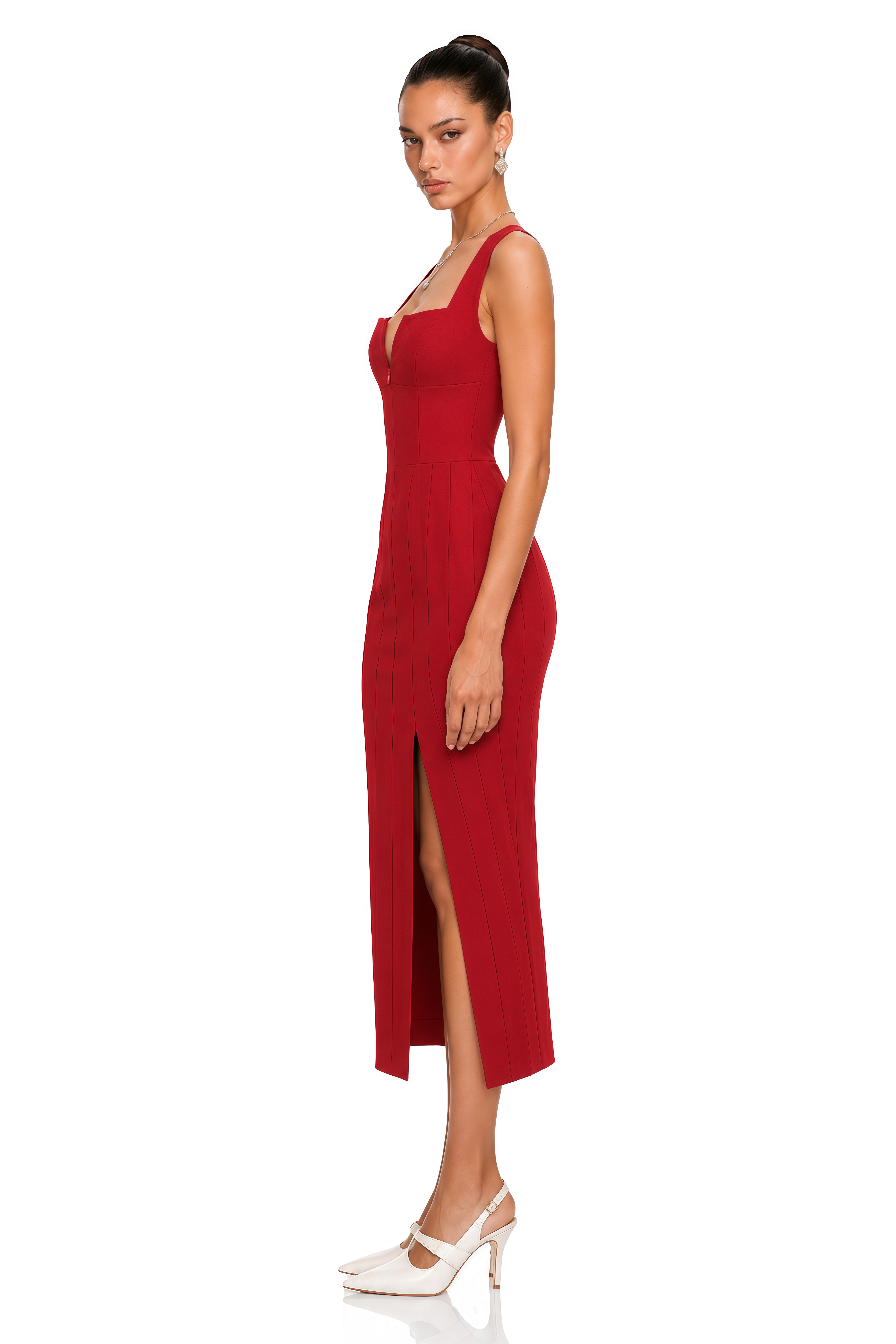 Olena Red Front Zip Corset Midi Dress