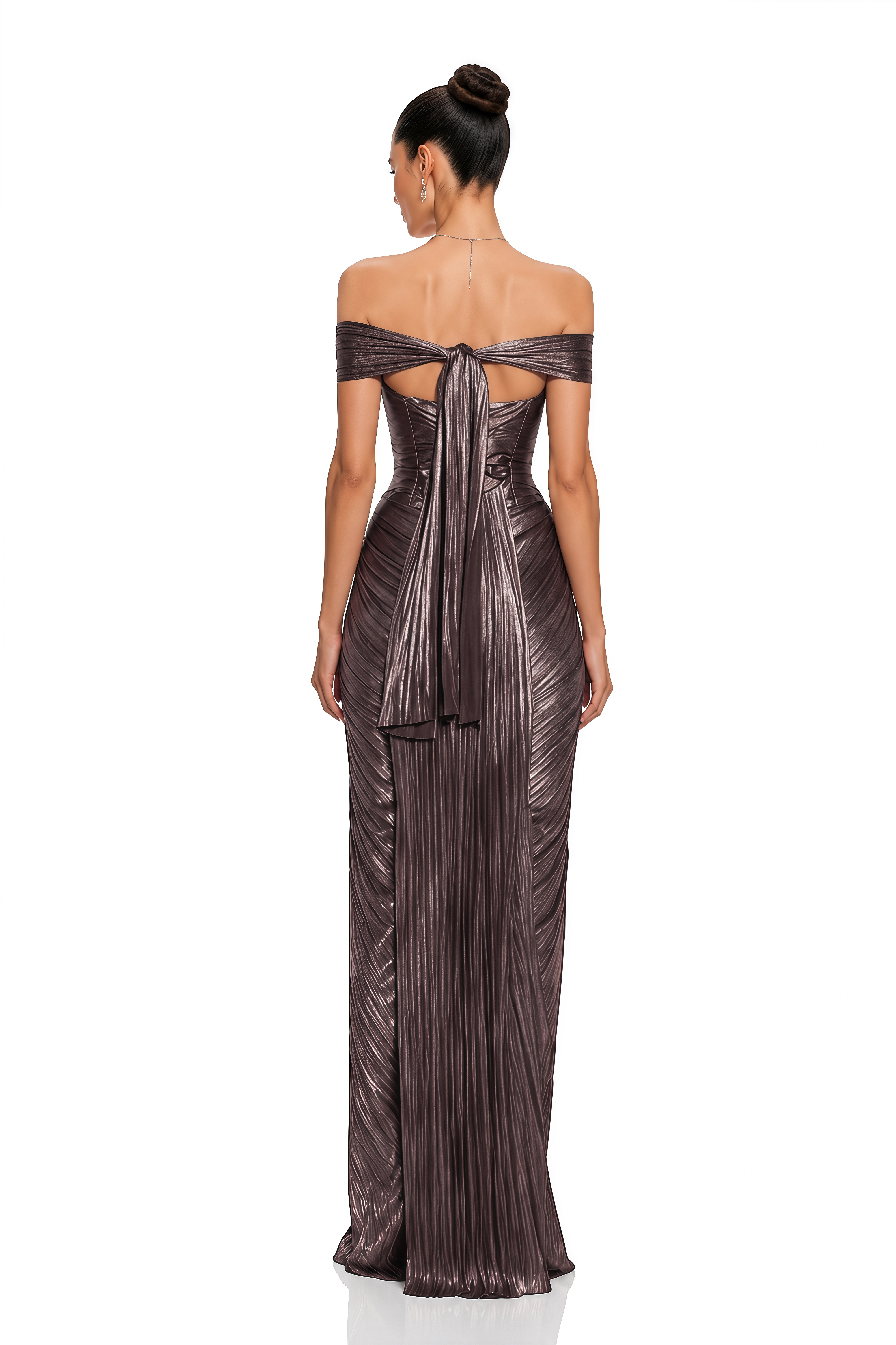 Pérola Bronze Gold Metallic Off Shoulder Maxi Dress