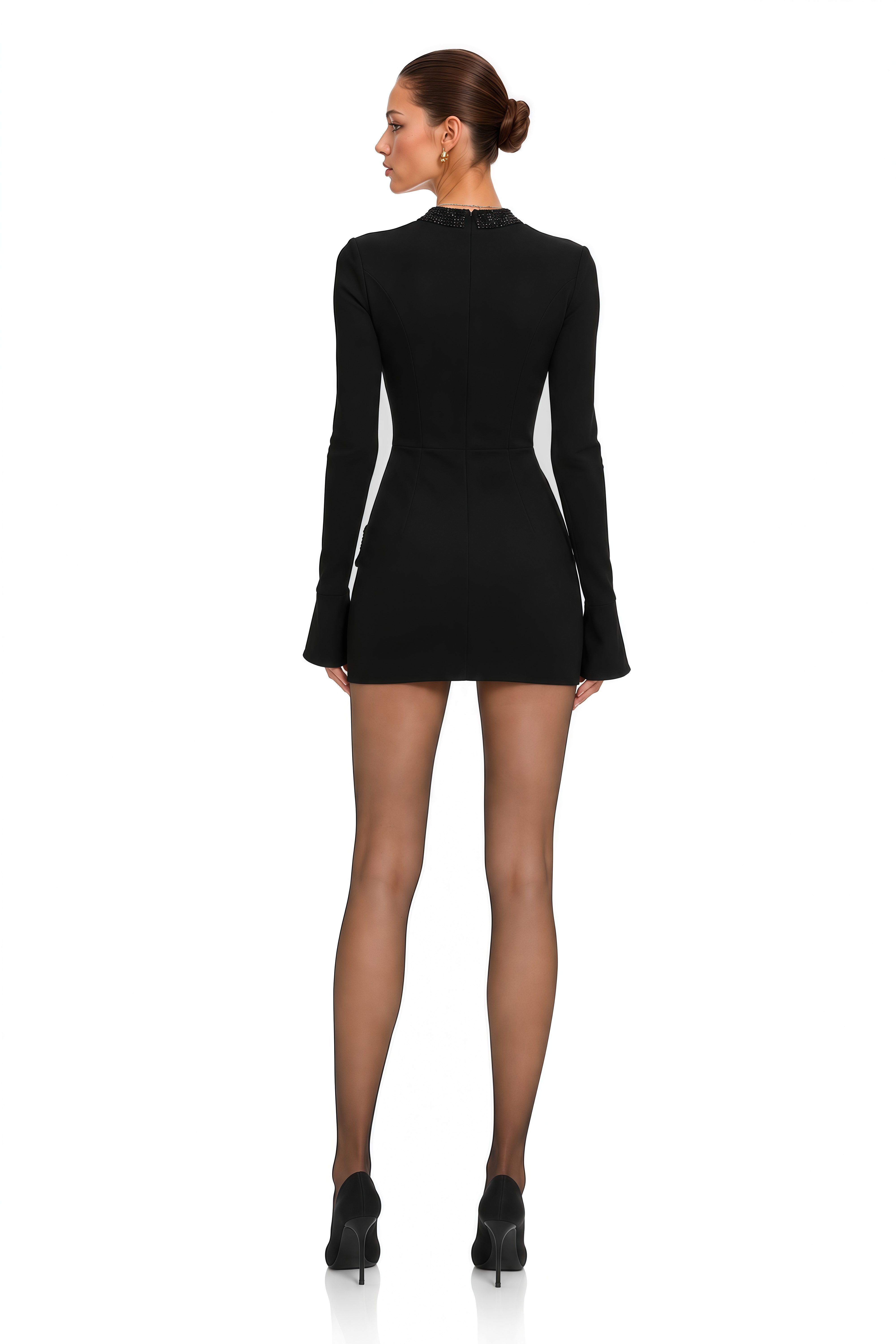 Gaelle Black Embellished Long-Sleeved Dress