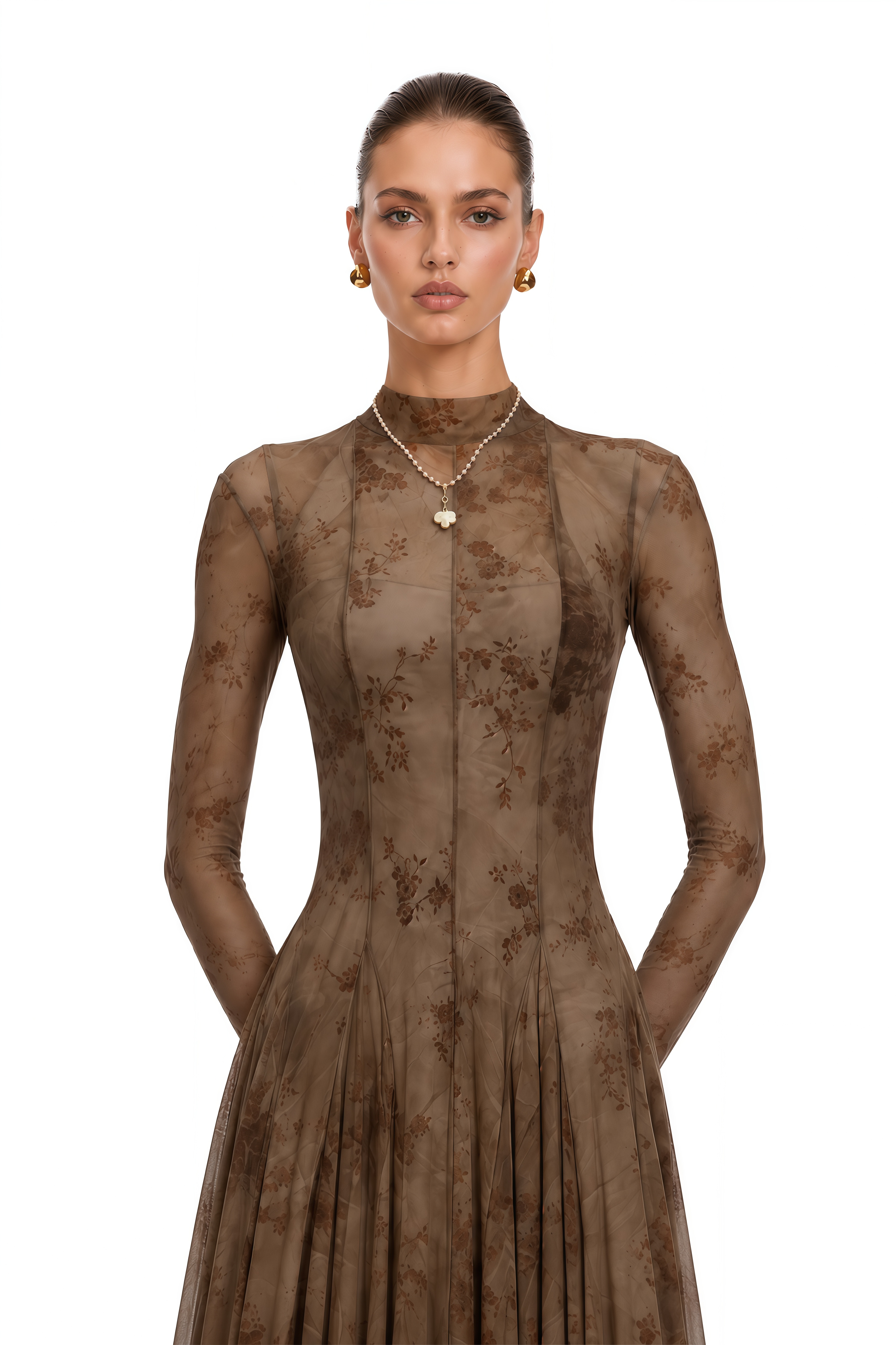 Ariadne Brown Flocked Tulle Maxi Dress