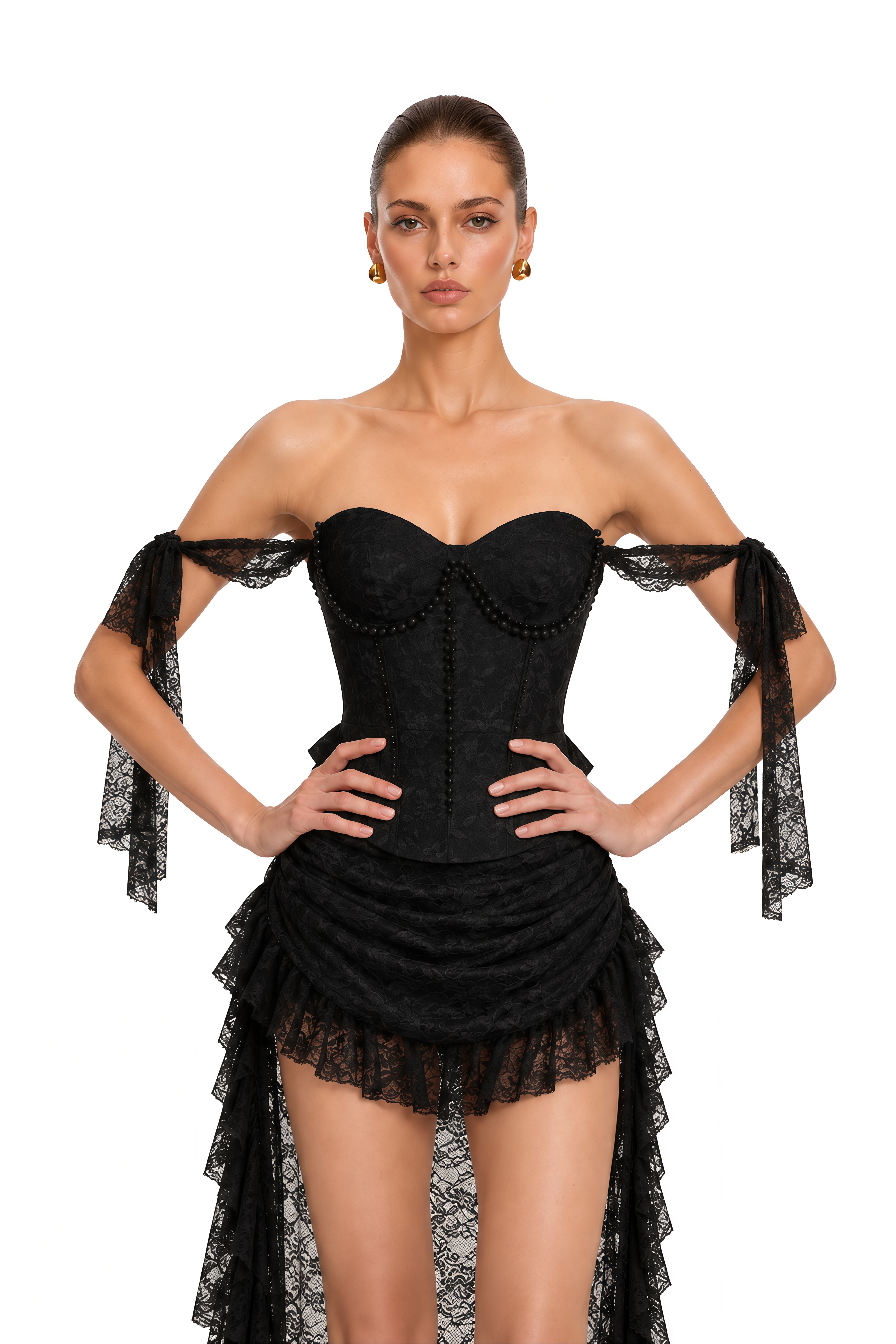 Garance Black Pearl Floral Lace Top & Skirt Set