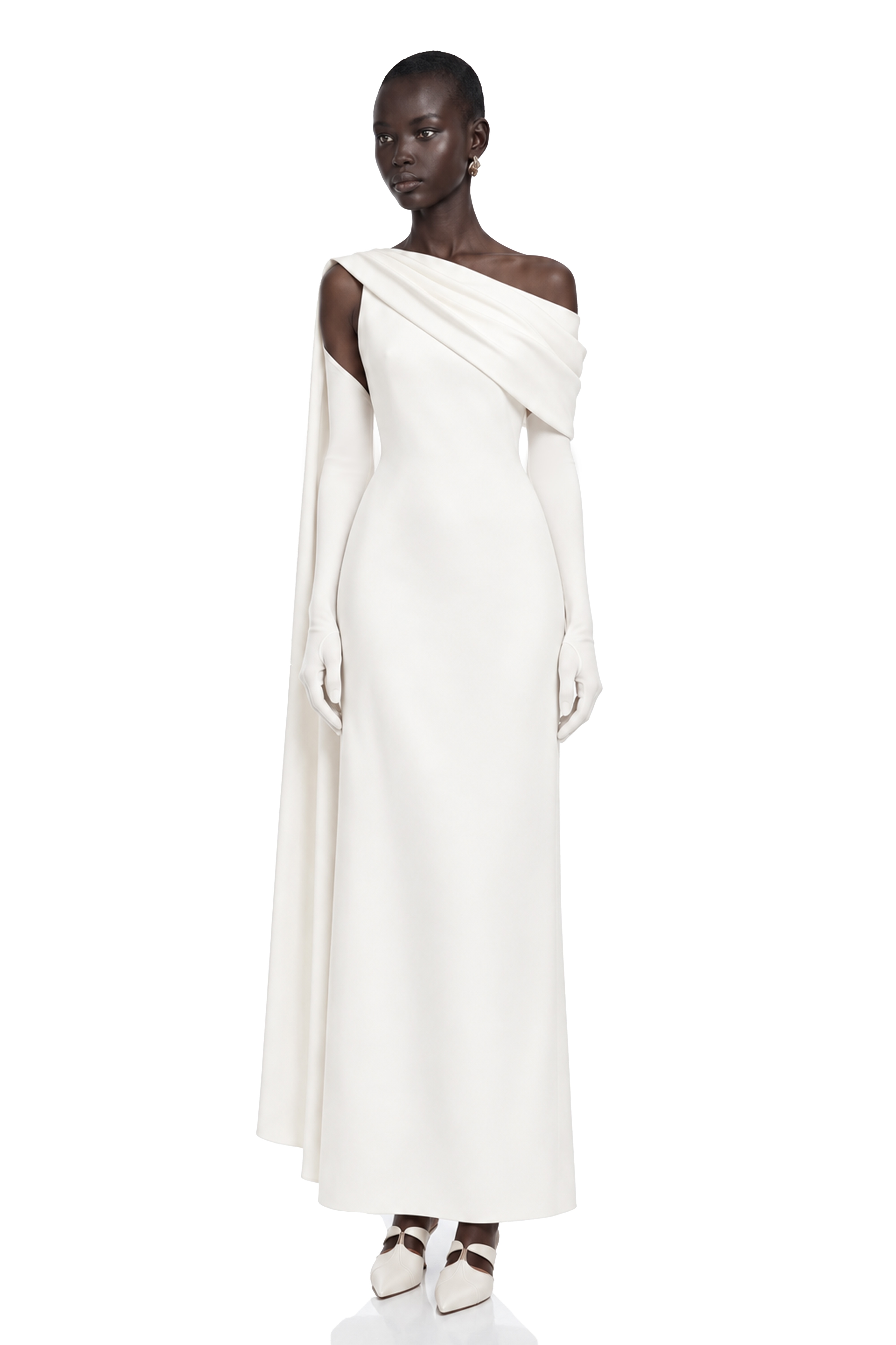 Annabelle White Cape-Design Ribbon Maxi Dress (Without Gloves)