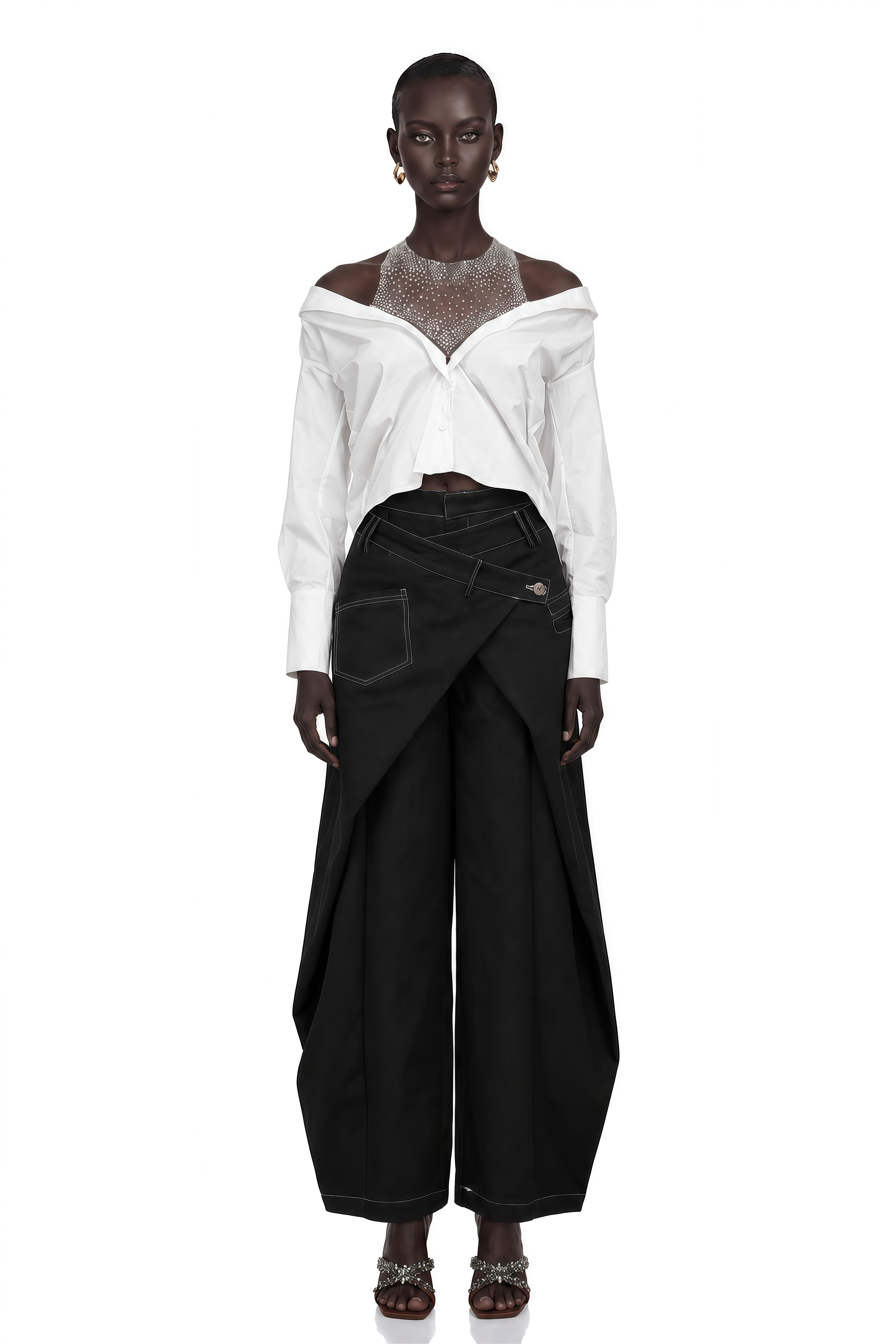 Fernande White Rhinestone Mesh Panel Shirt
