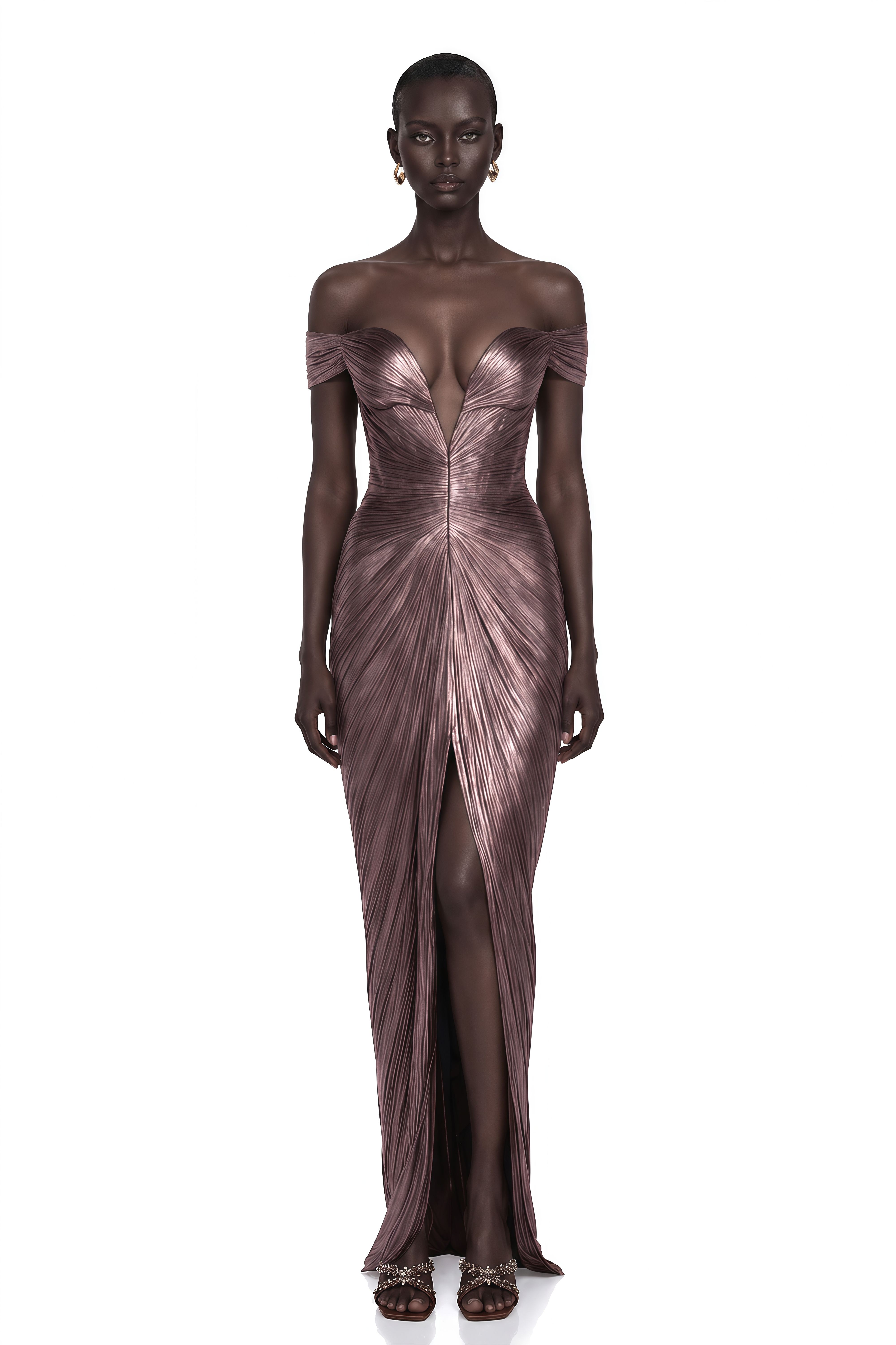 Pérola Bronze Gold Metallic Off Shoulder Maxi Dress