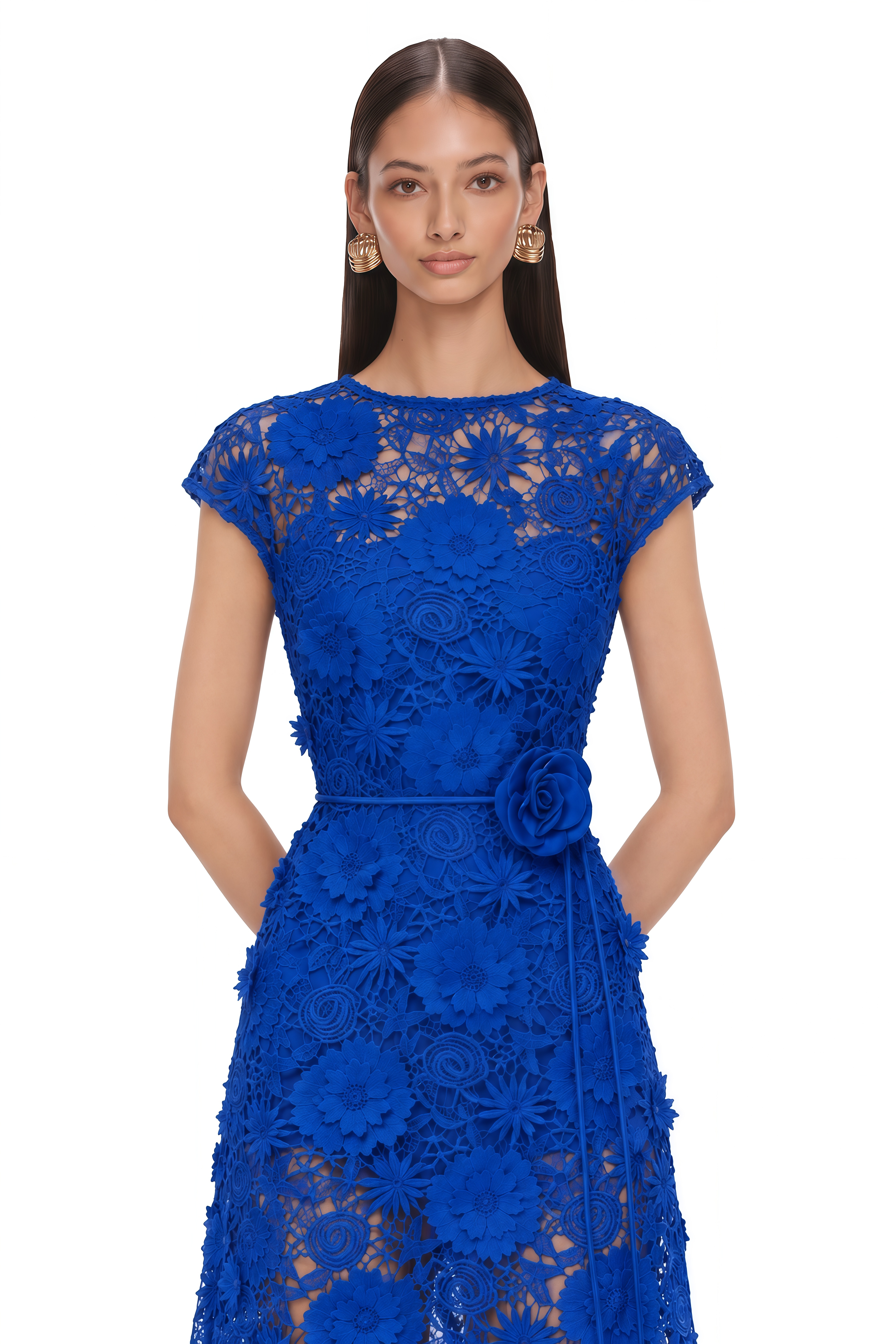 Jochebed Blue Floral Appliqué Maxi Dress with Cut-Outs