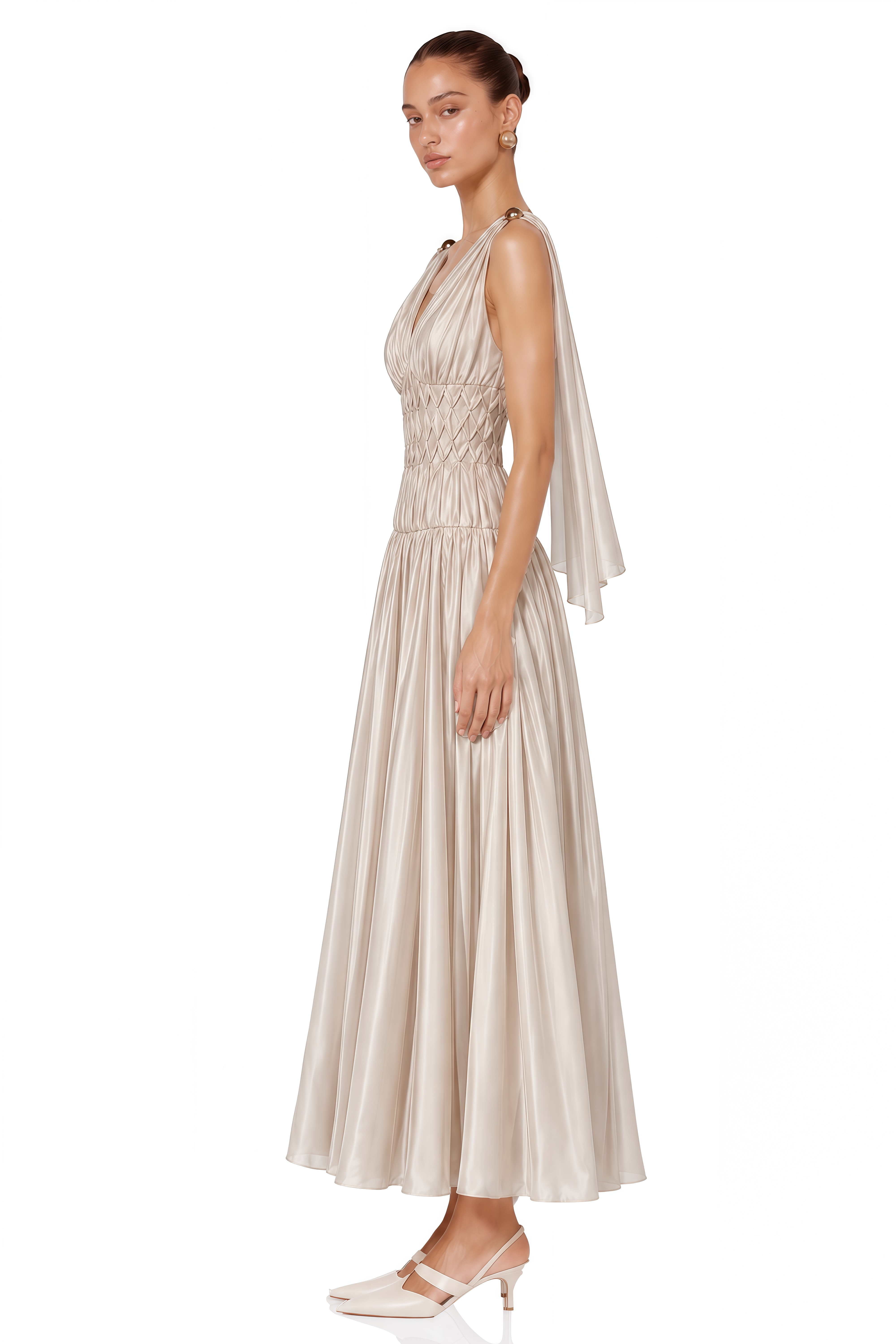 Ismerie Champagne V-Neck Ruched Maxi Dress