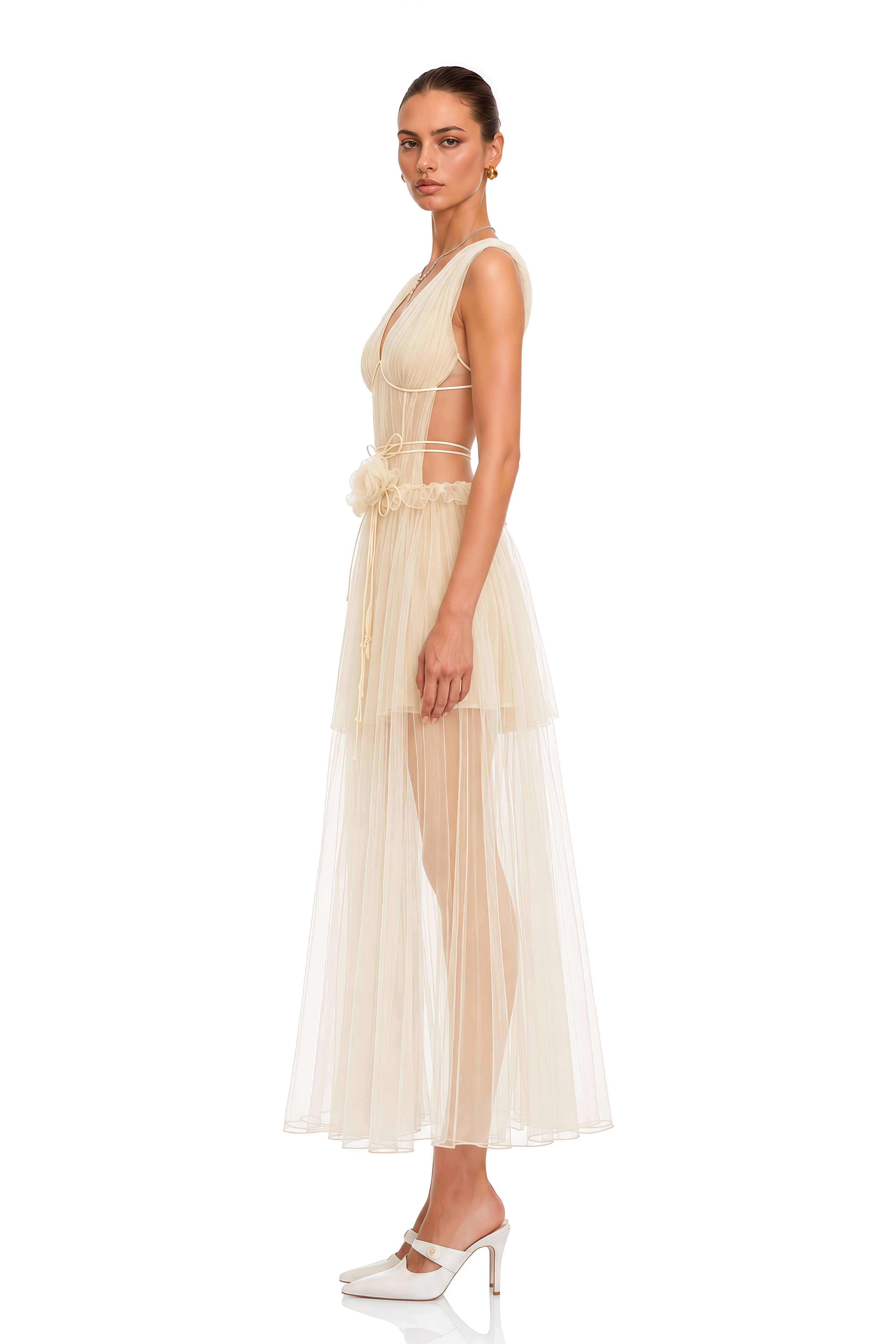 Octavia Beige V-neck Semi-sheer Ruched Maxi Dress