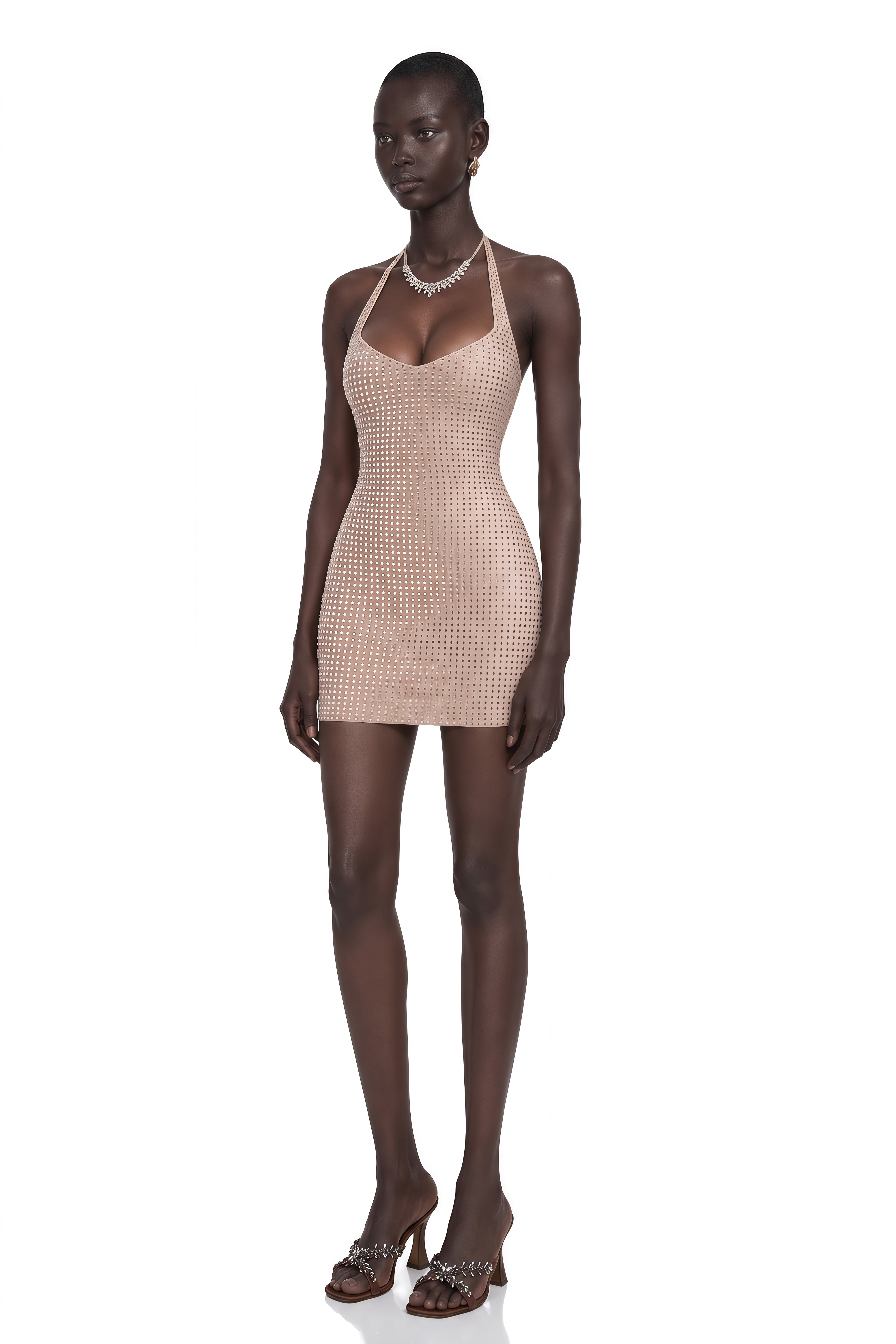 Luminita Neutral Halterneck Rhinestone Mini Dress