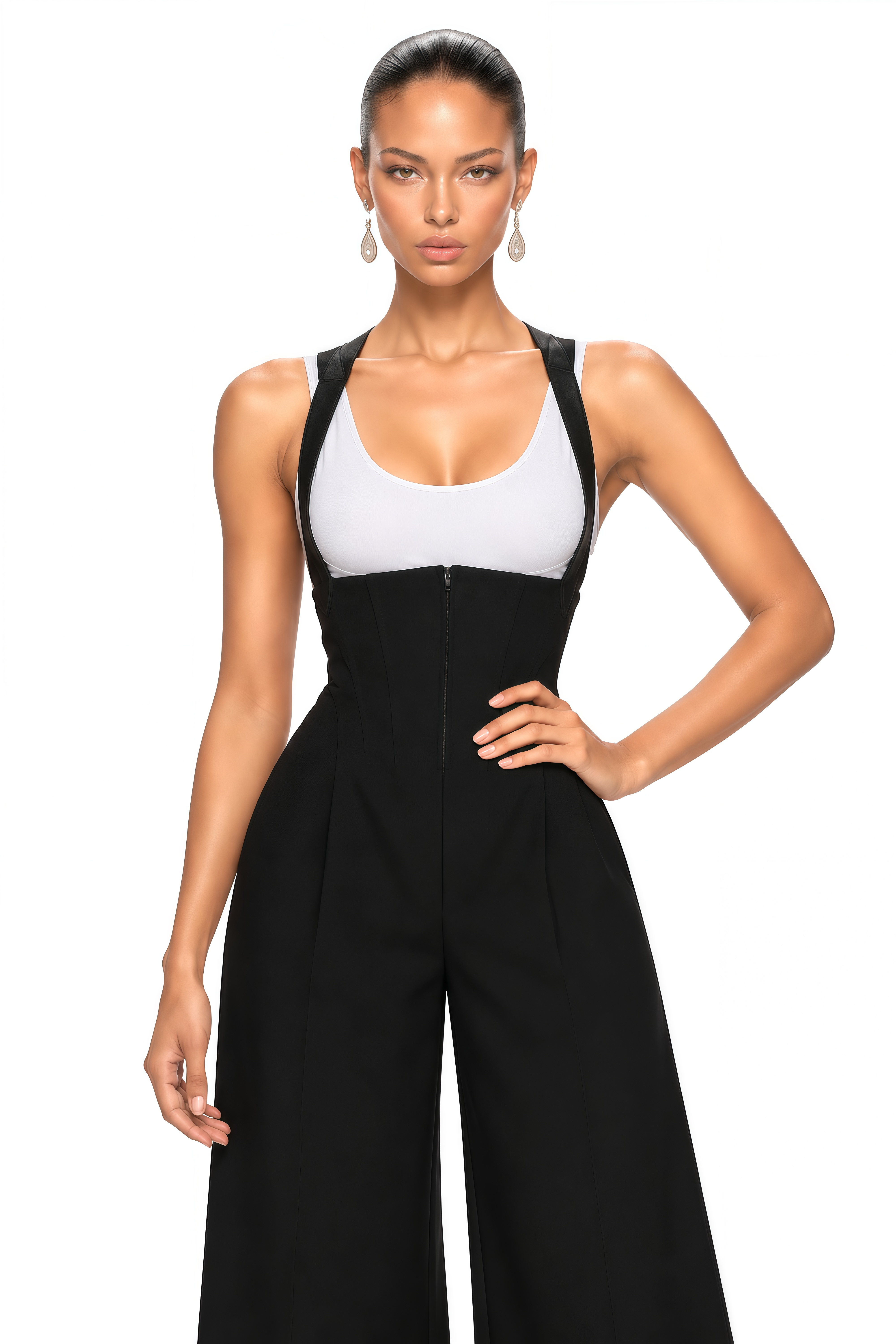 Ivona Black Boned Bodice Wide Leg Overalls