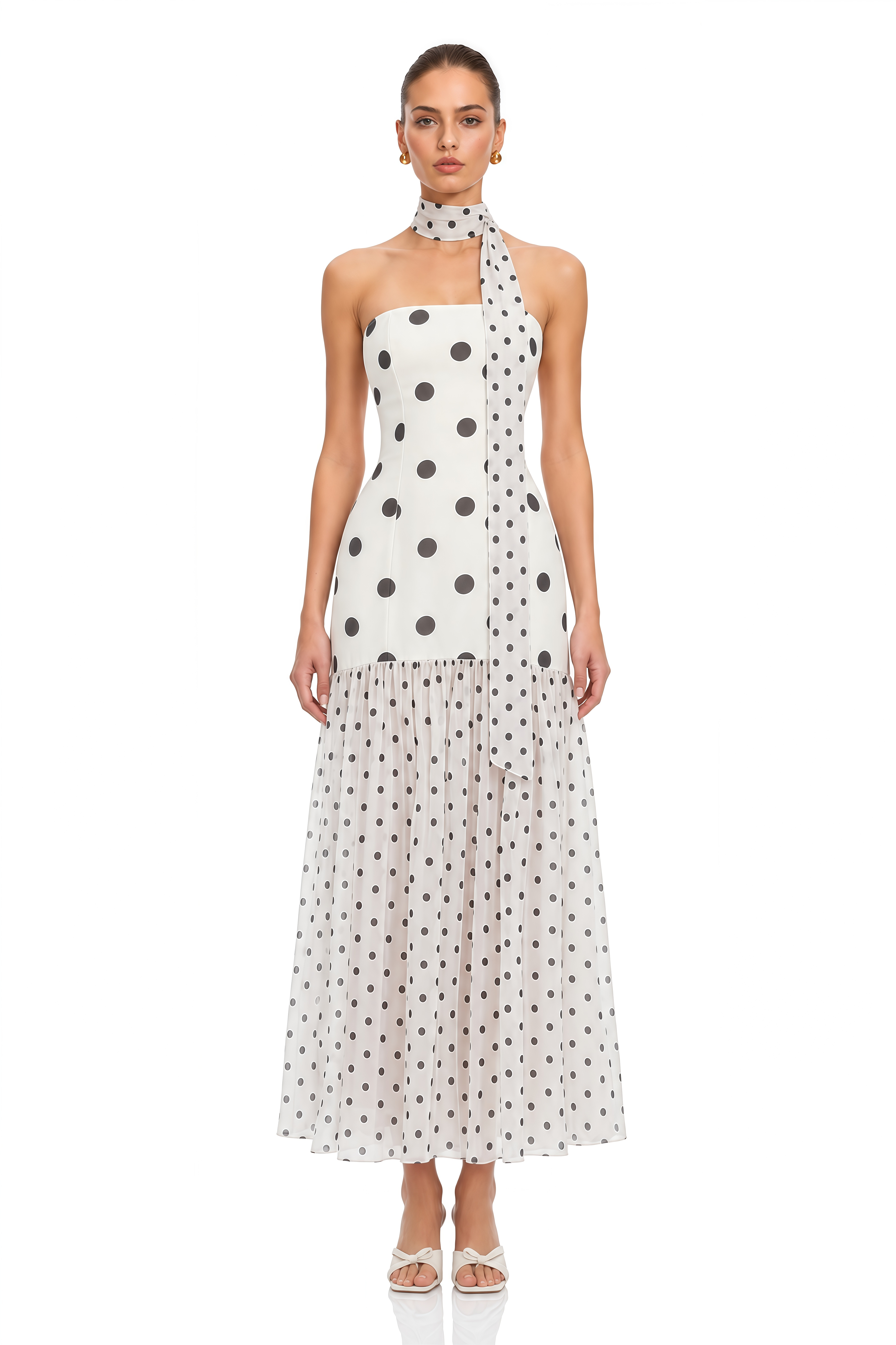 Mirela White Polka Dot Ruched Maxi Dress