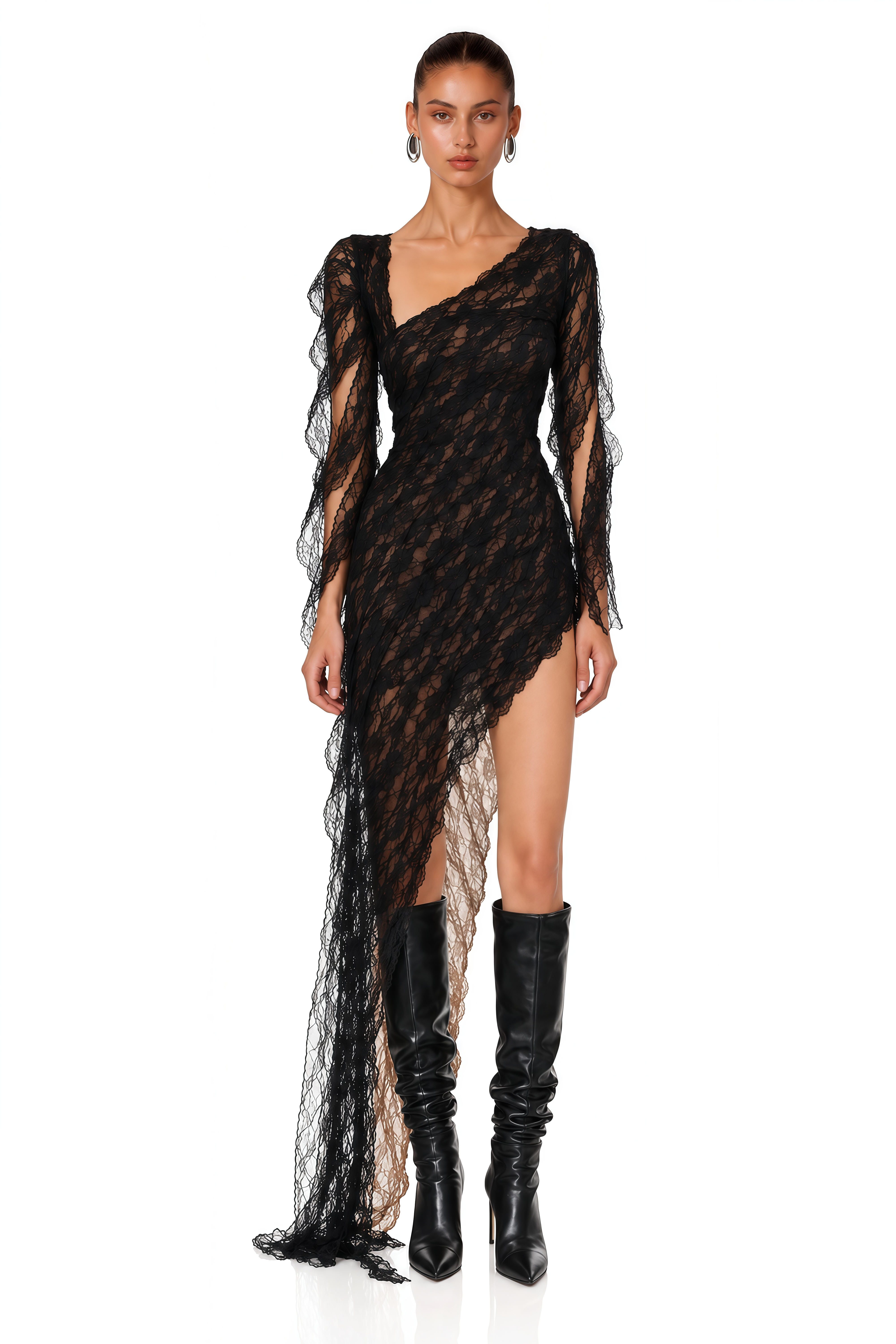 Gemma Black Floral Lace Asymmetrical Maxi Dress
