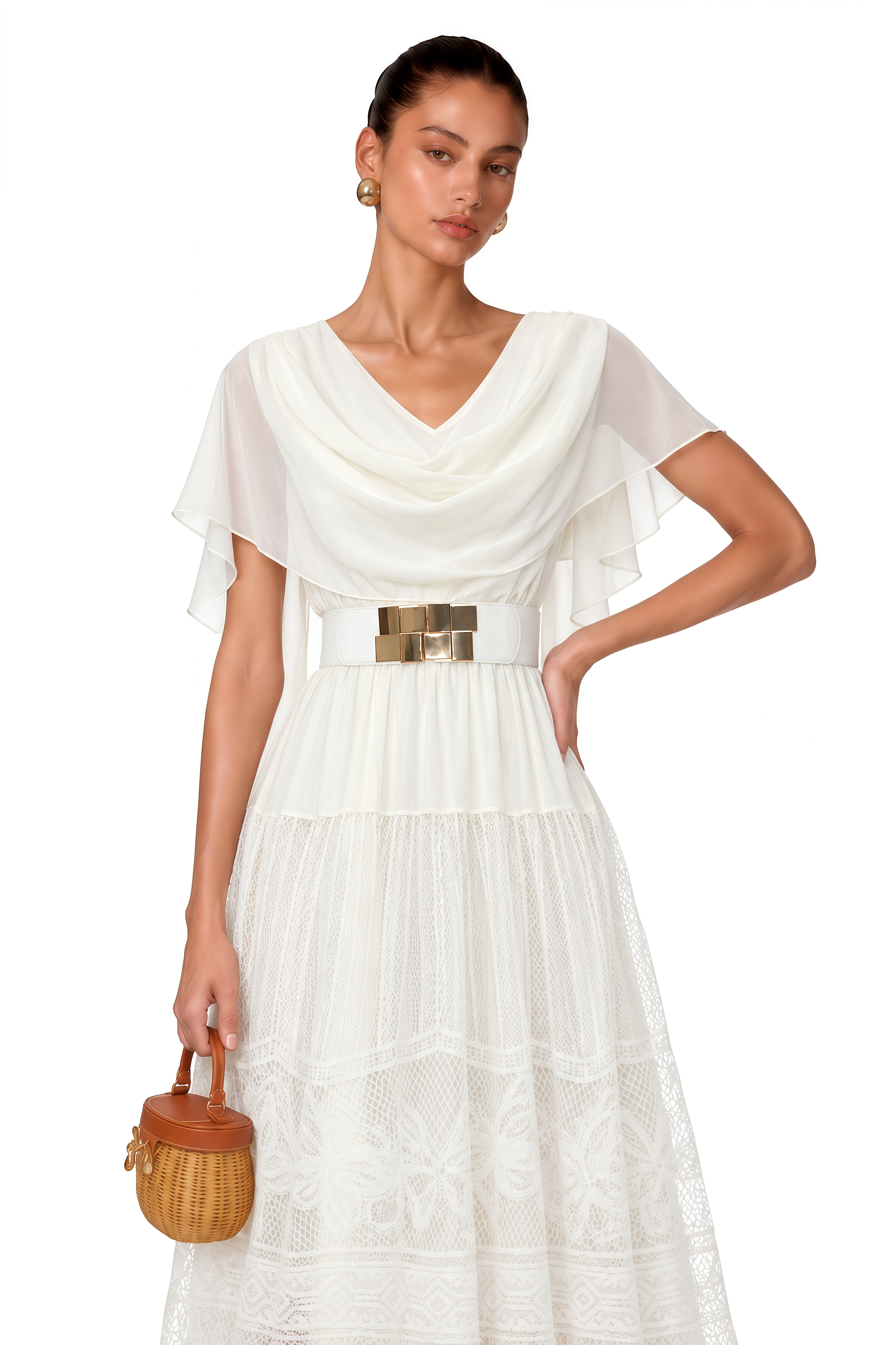 Yolaine White Cowl Neck Midi Dress with Lace Panels