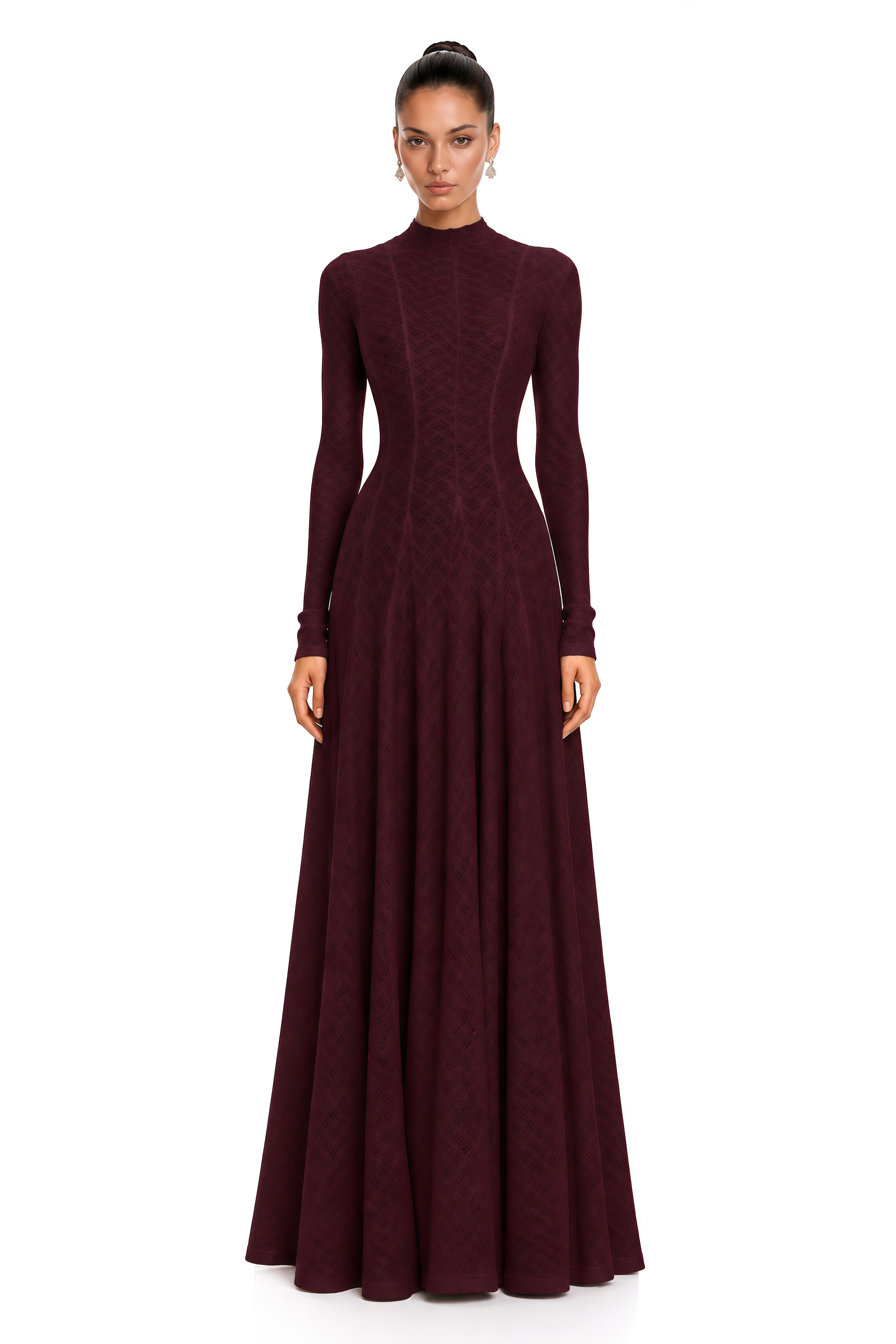 Athena Wavy-Pattern Lace Maxi Dress in Red