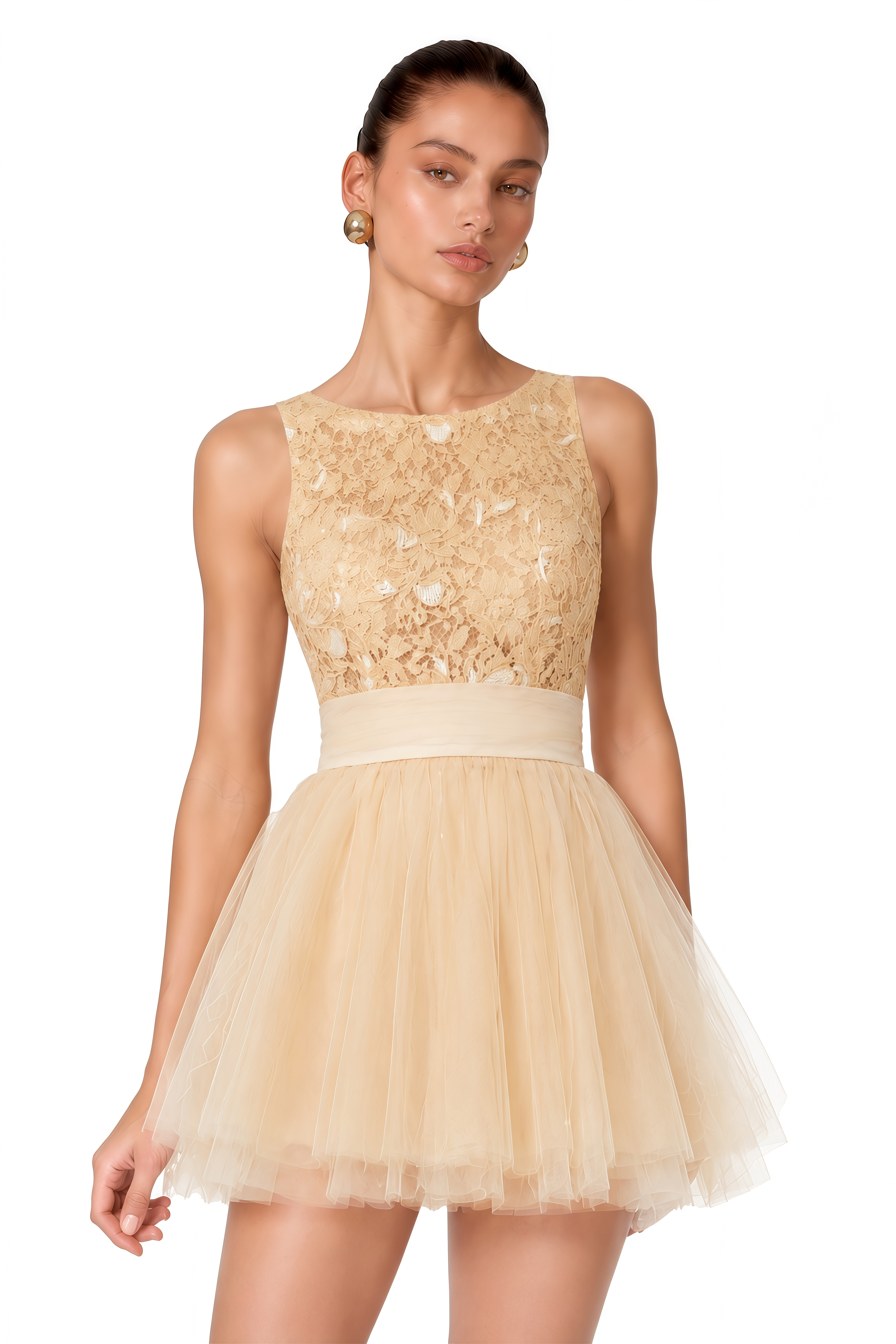 Rosa Neutral Floral Lace Mini Dress with Mesh Panels