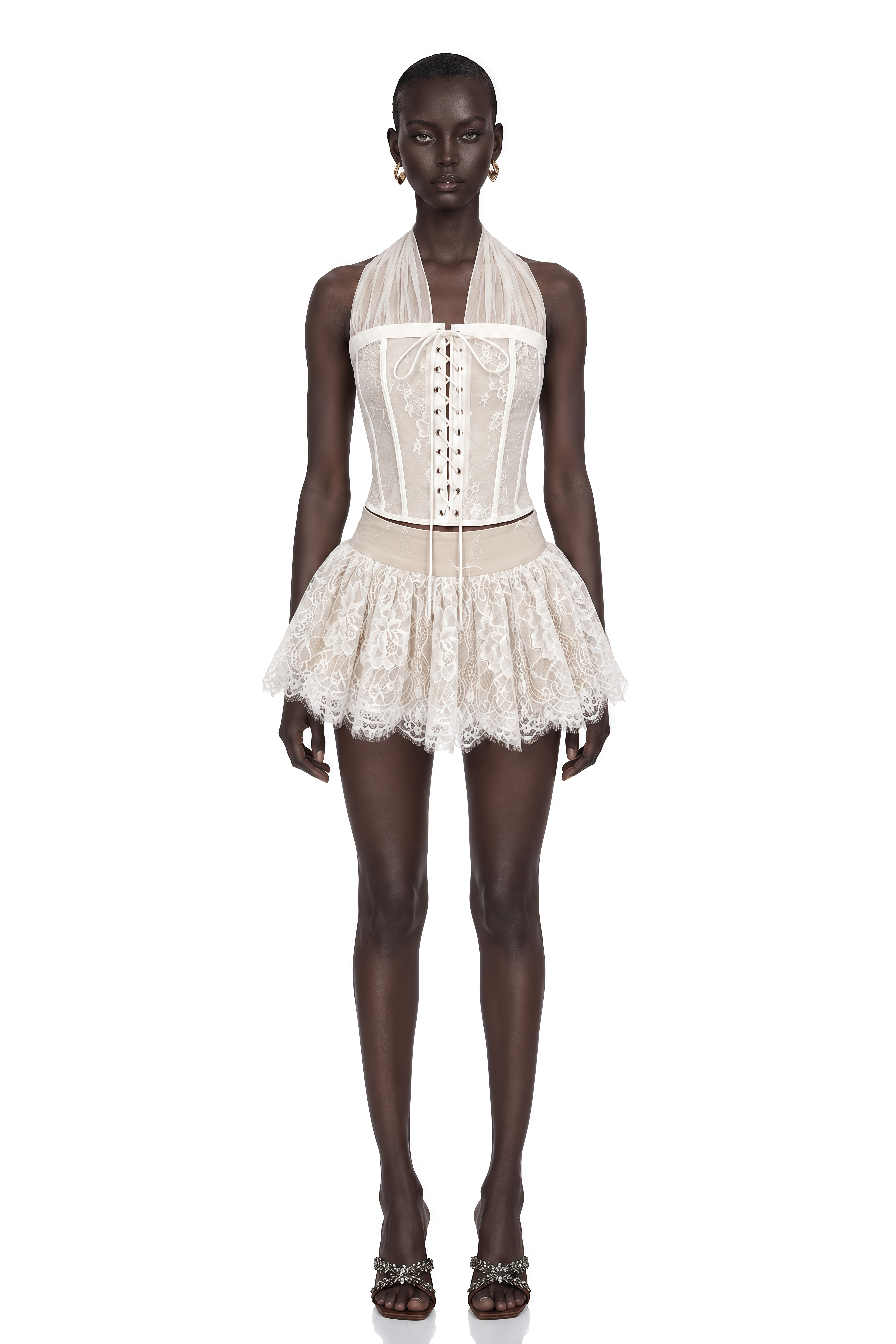 Lois Cream Halterneck Lace Ruffled Top & Skirt Set