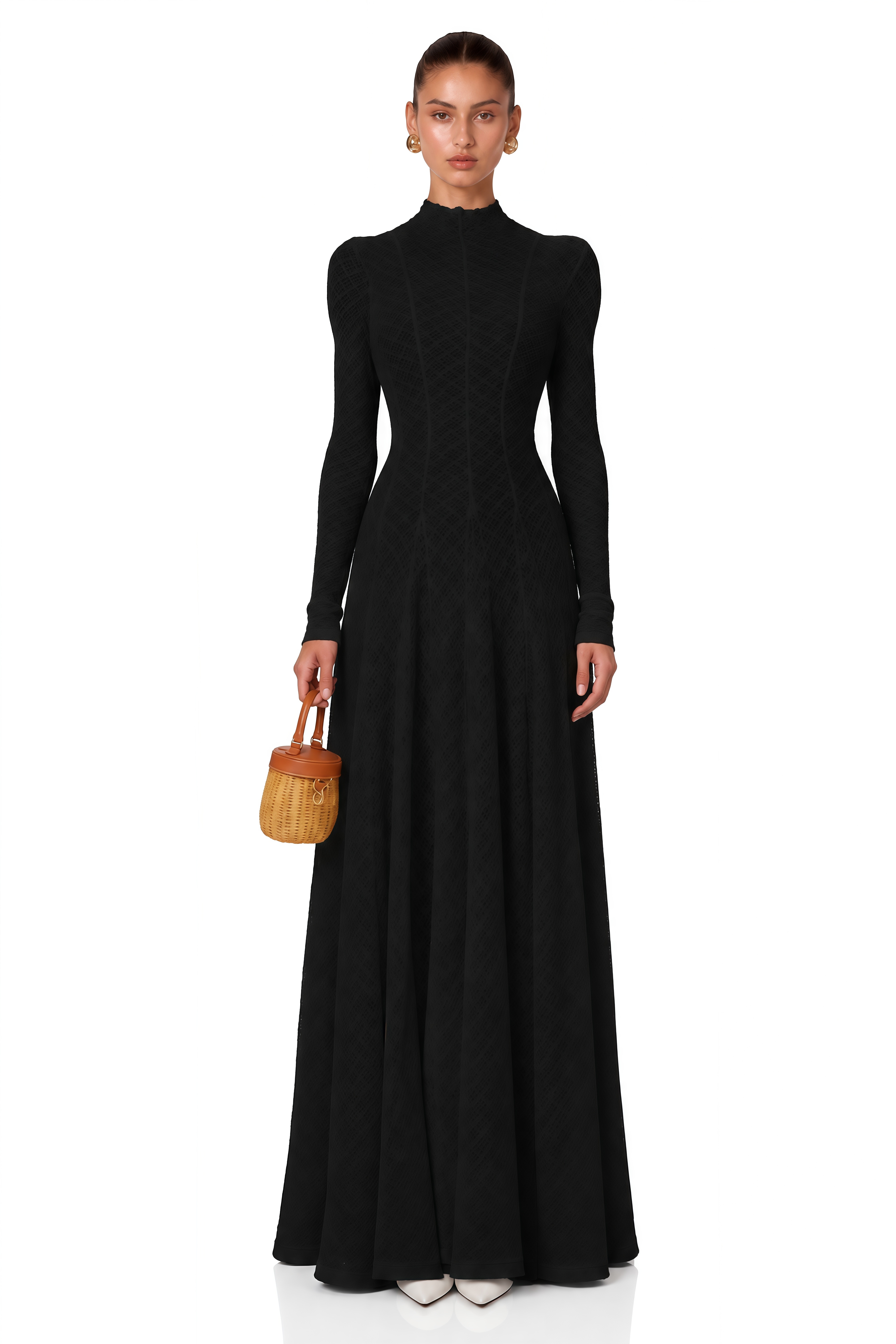 Athena Wavy-Pattern Lace Maxi Dress in Black