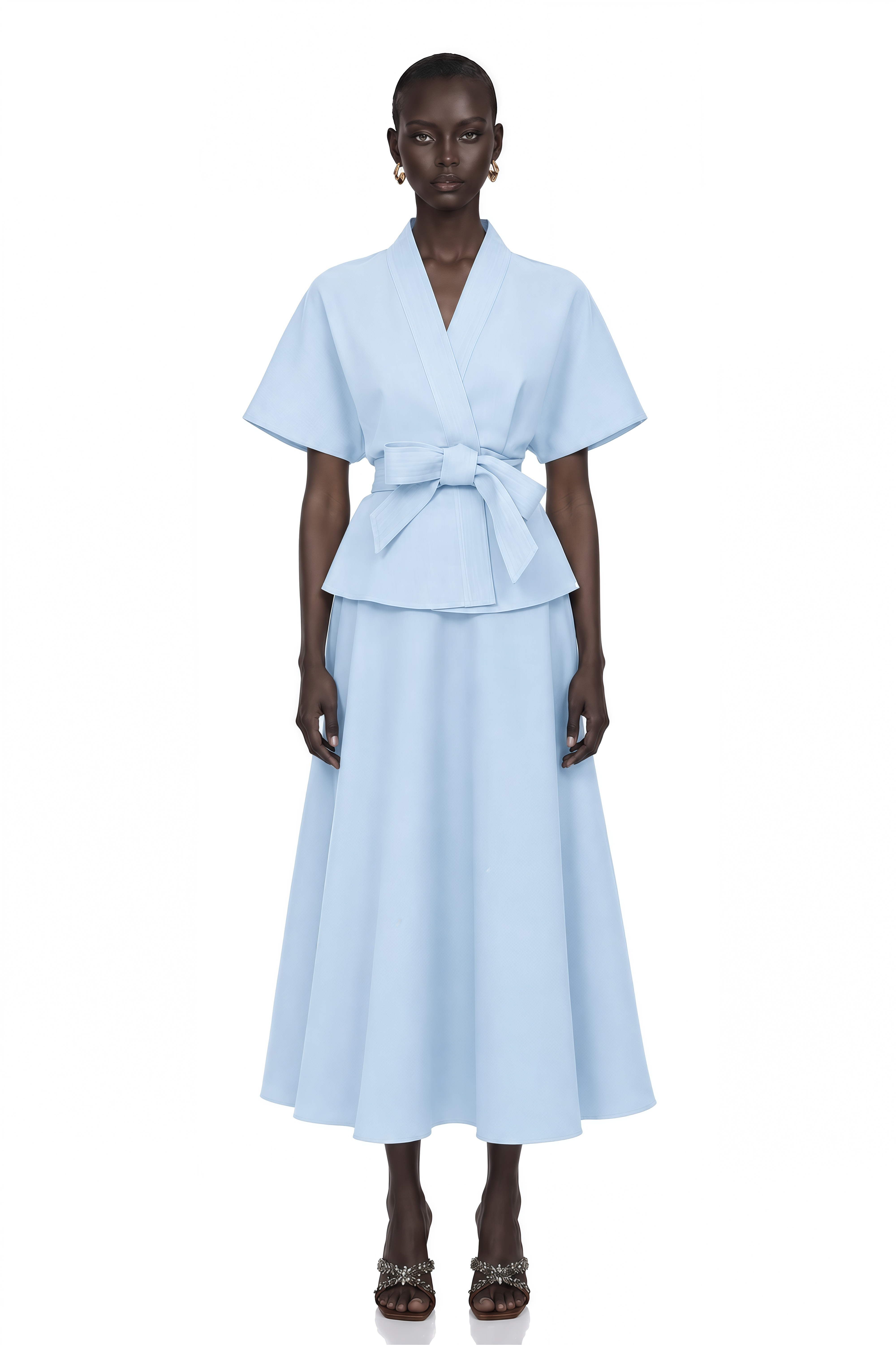 Johanna Blue Self-Tie Blouse & Skirt Set