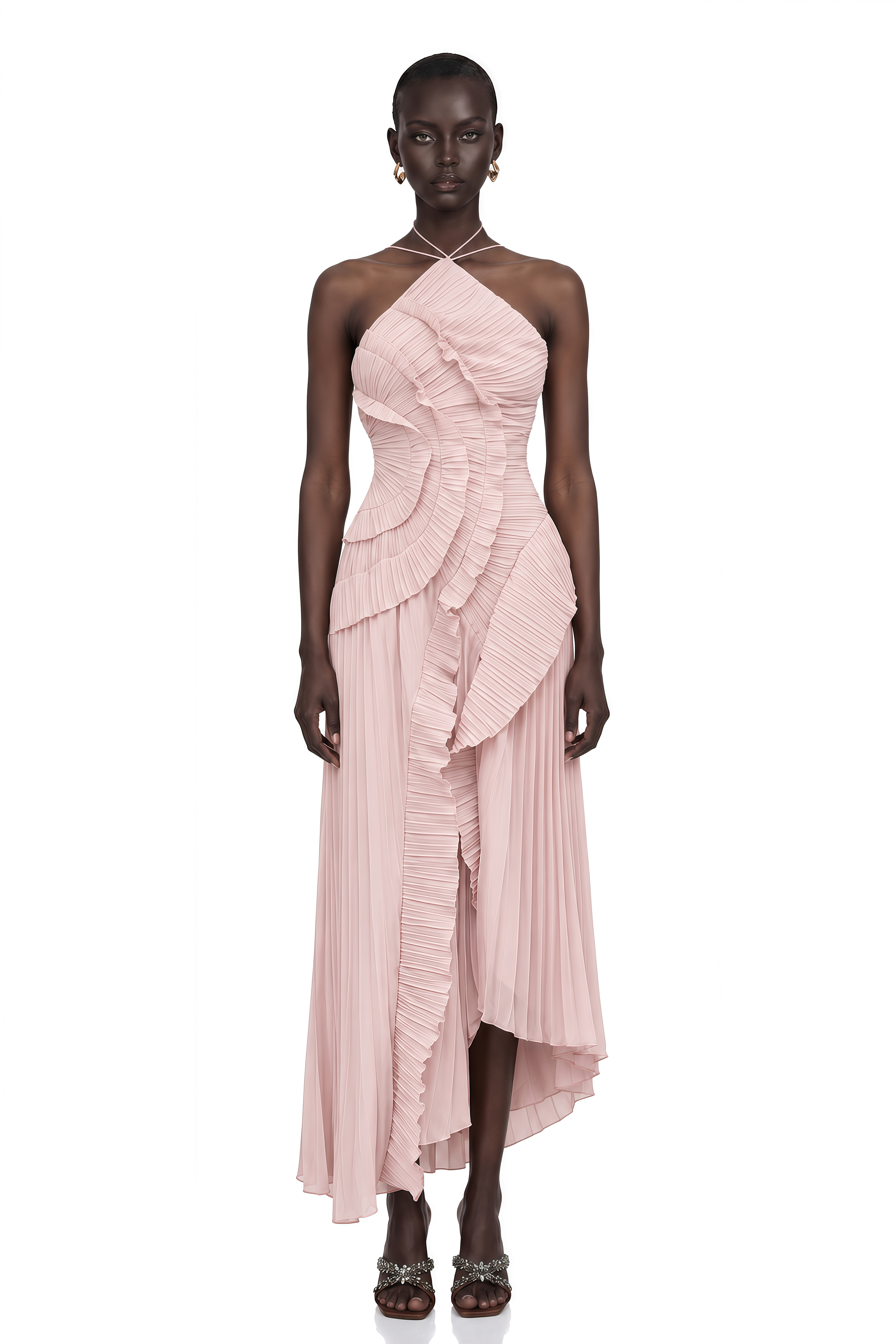 Doux Pink Ruffled Trim Pleated Midi Dress