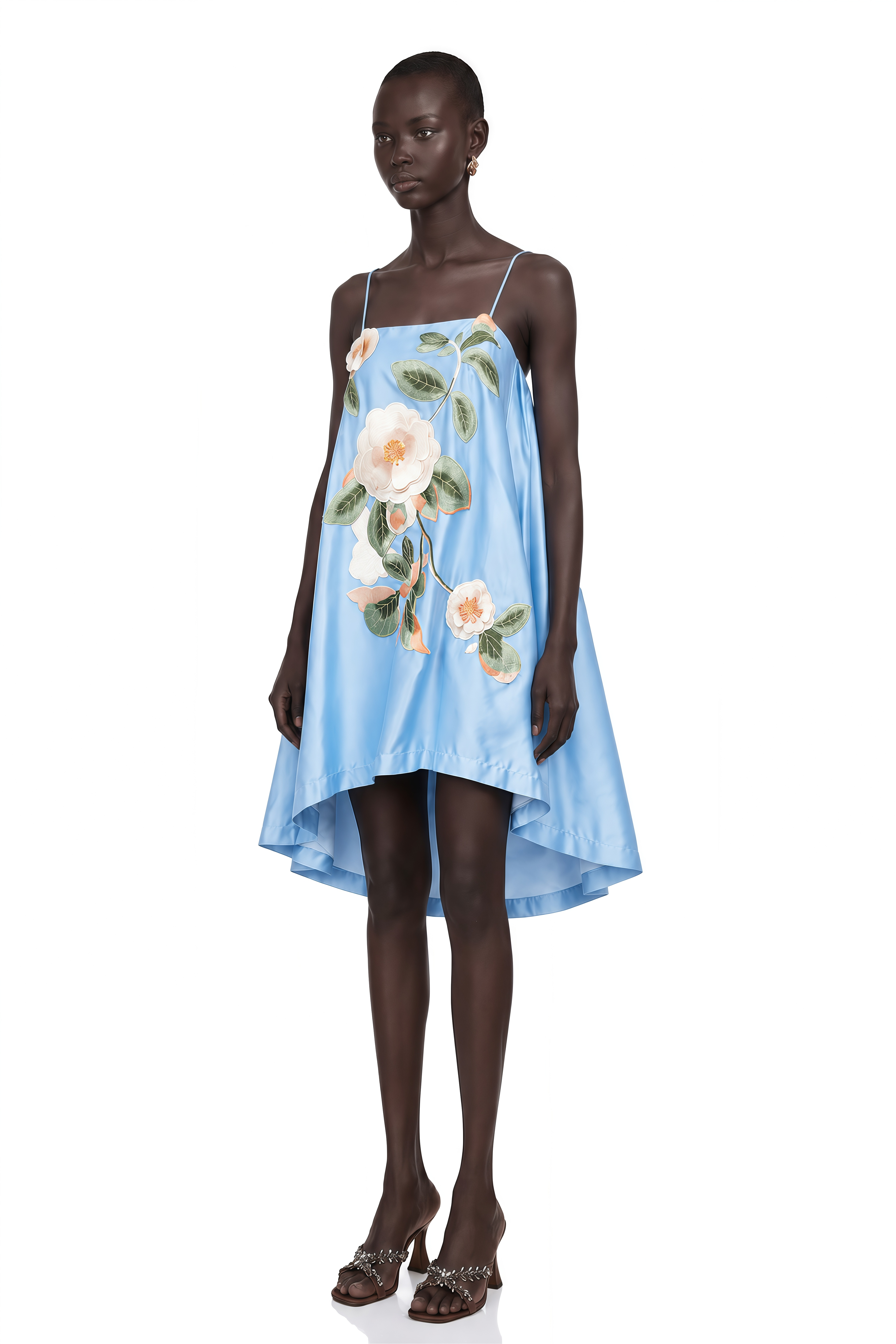 Avril Blue Floral Embroidered Satin Mini Dress