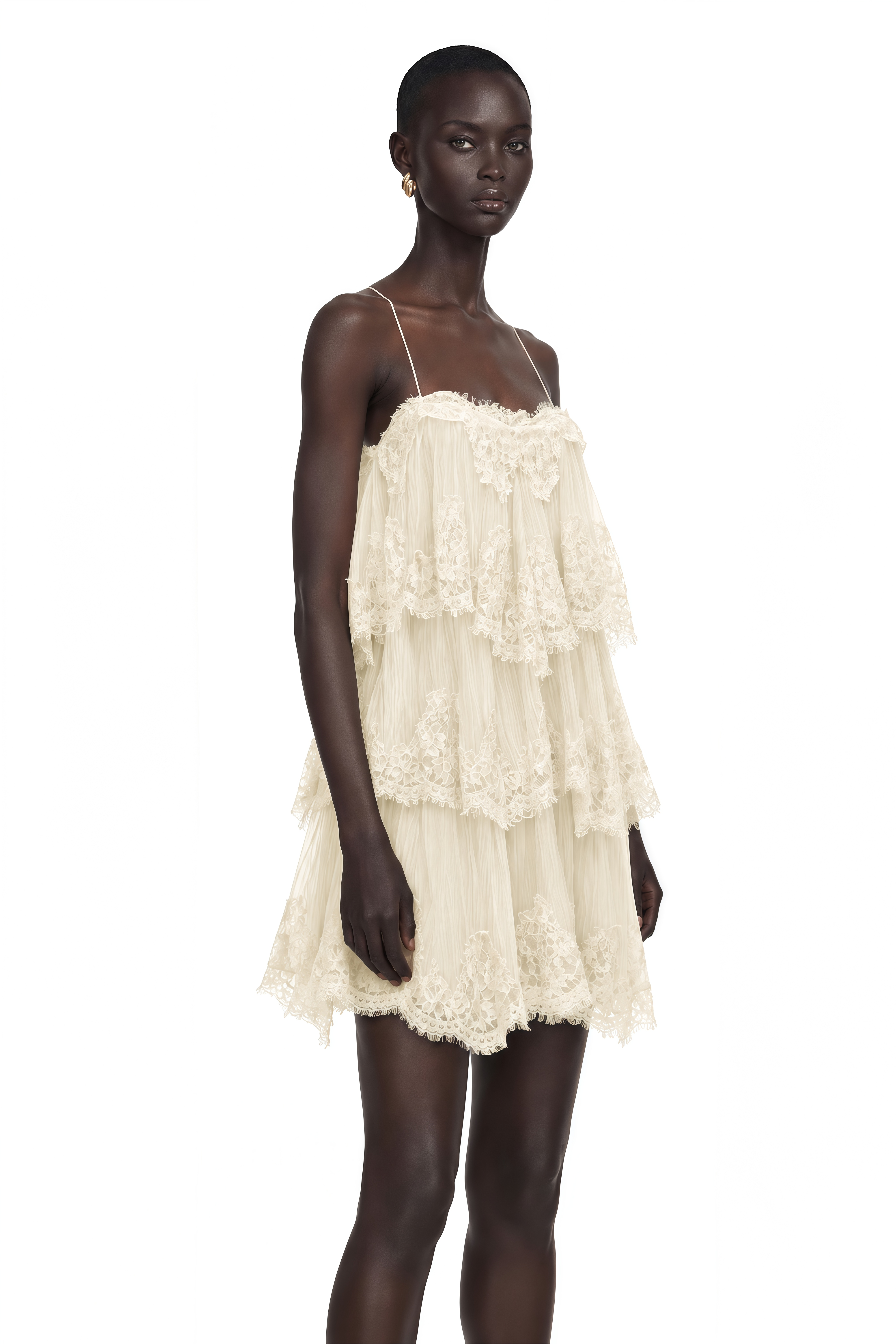 Rachel Beige Tiered Mini Dress with Lace Trim