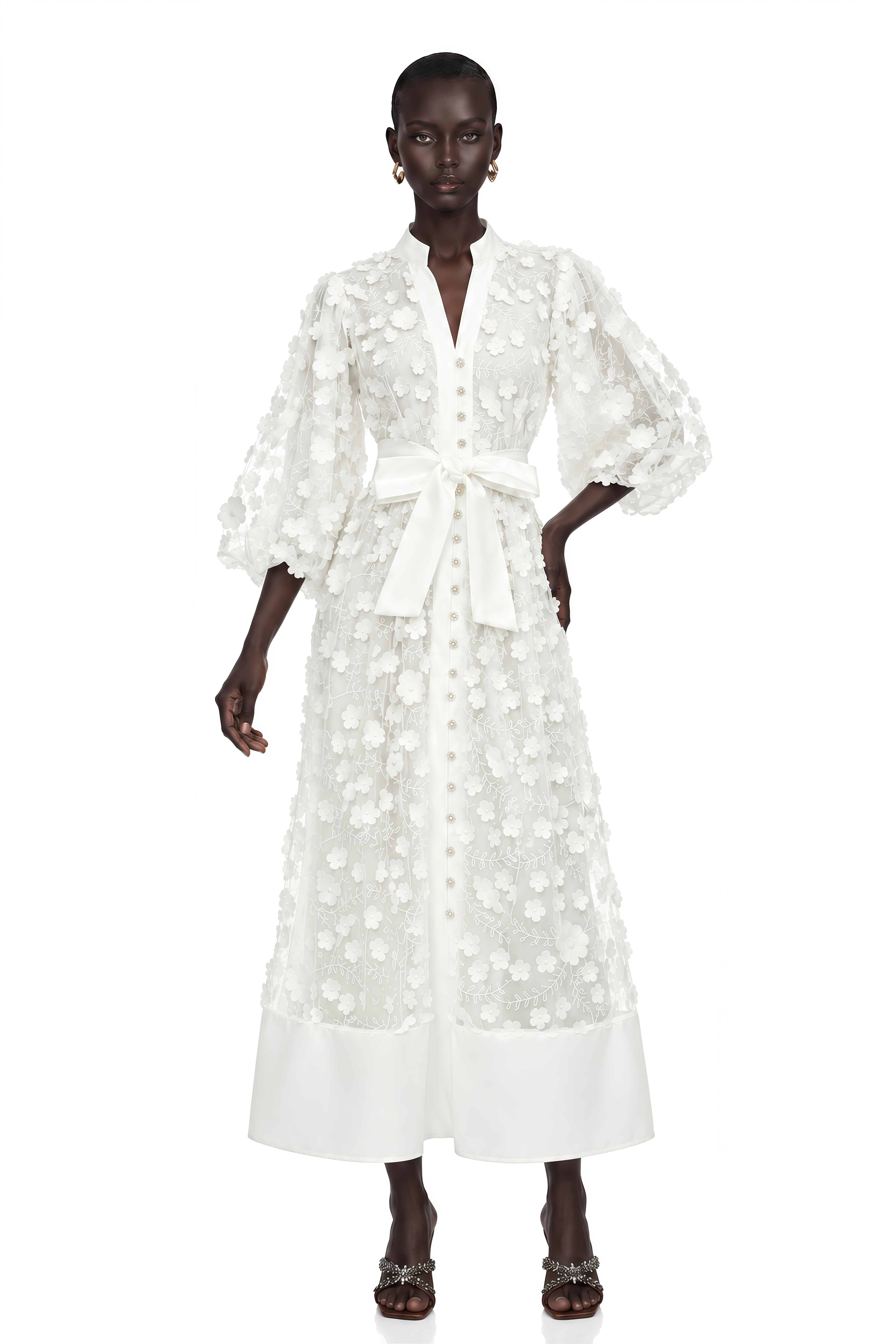 Olympia White Puff Sleeve Midi Dress with 3D Florals