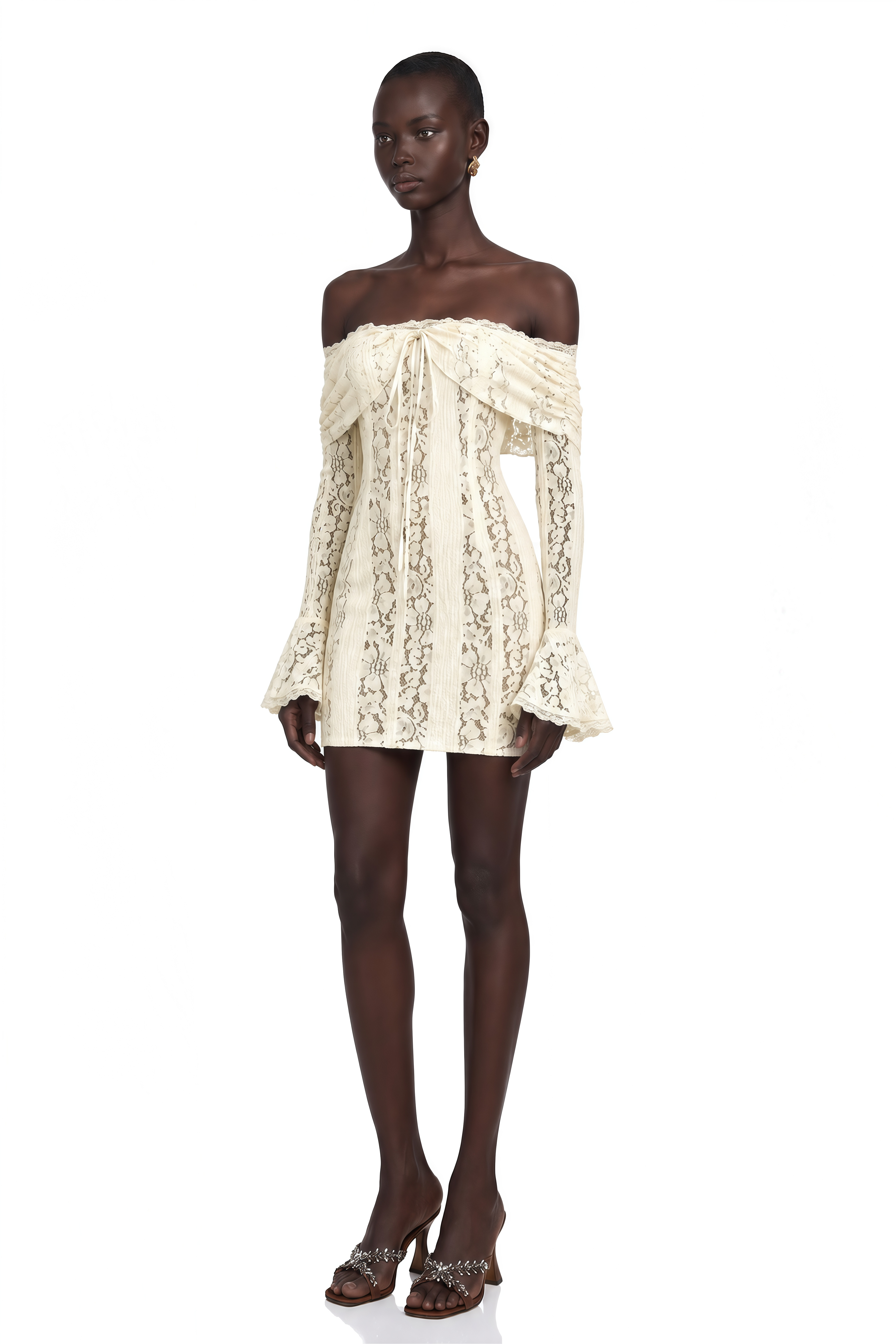 Émeline Floral Lace Flared-Cuff Mini Dress in Neutrals