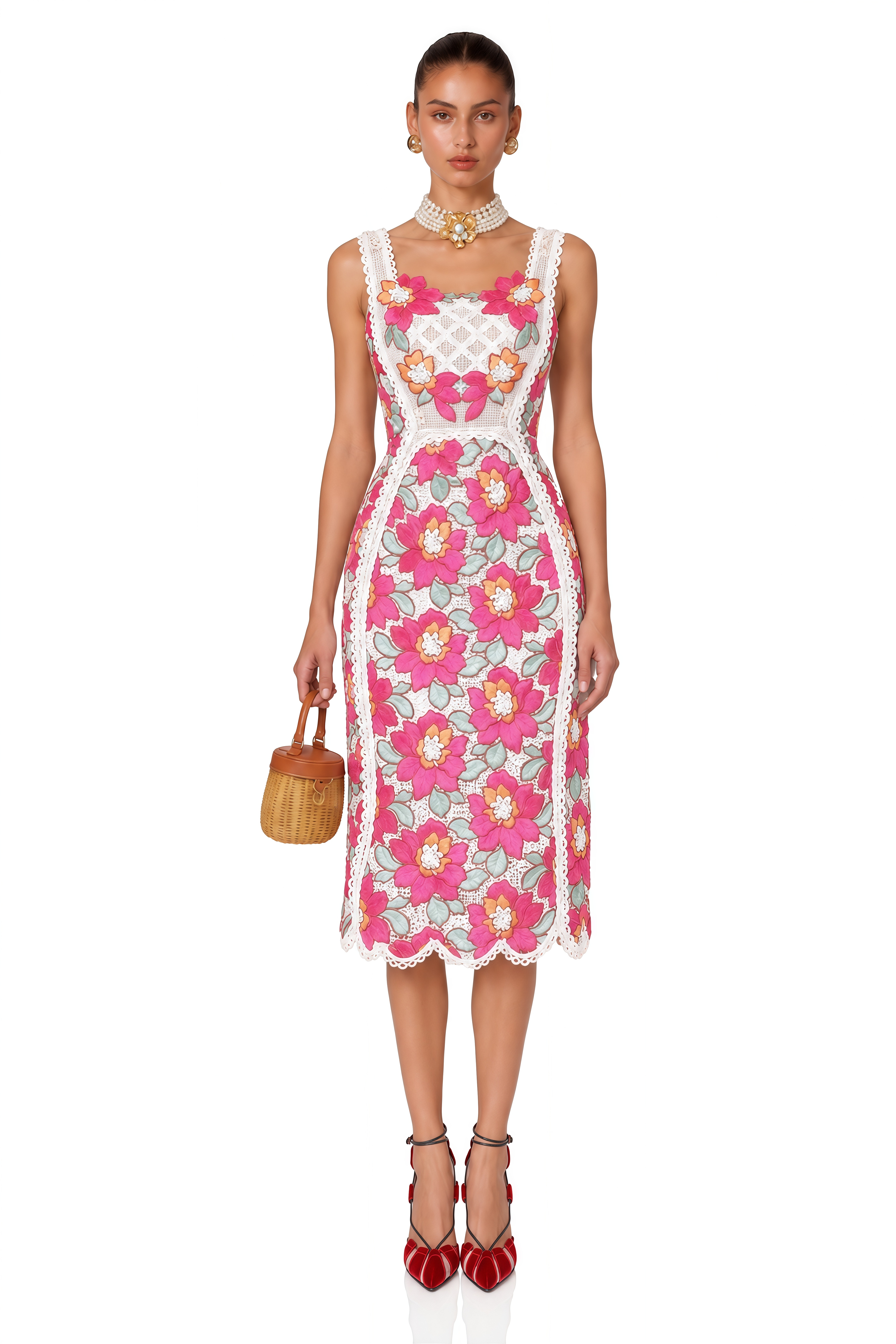 Nalini Rose-Pink Braided Floral-Embroidered Midi Dress