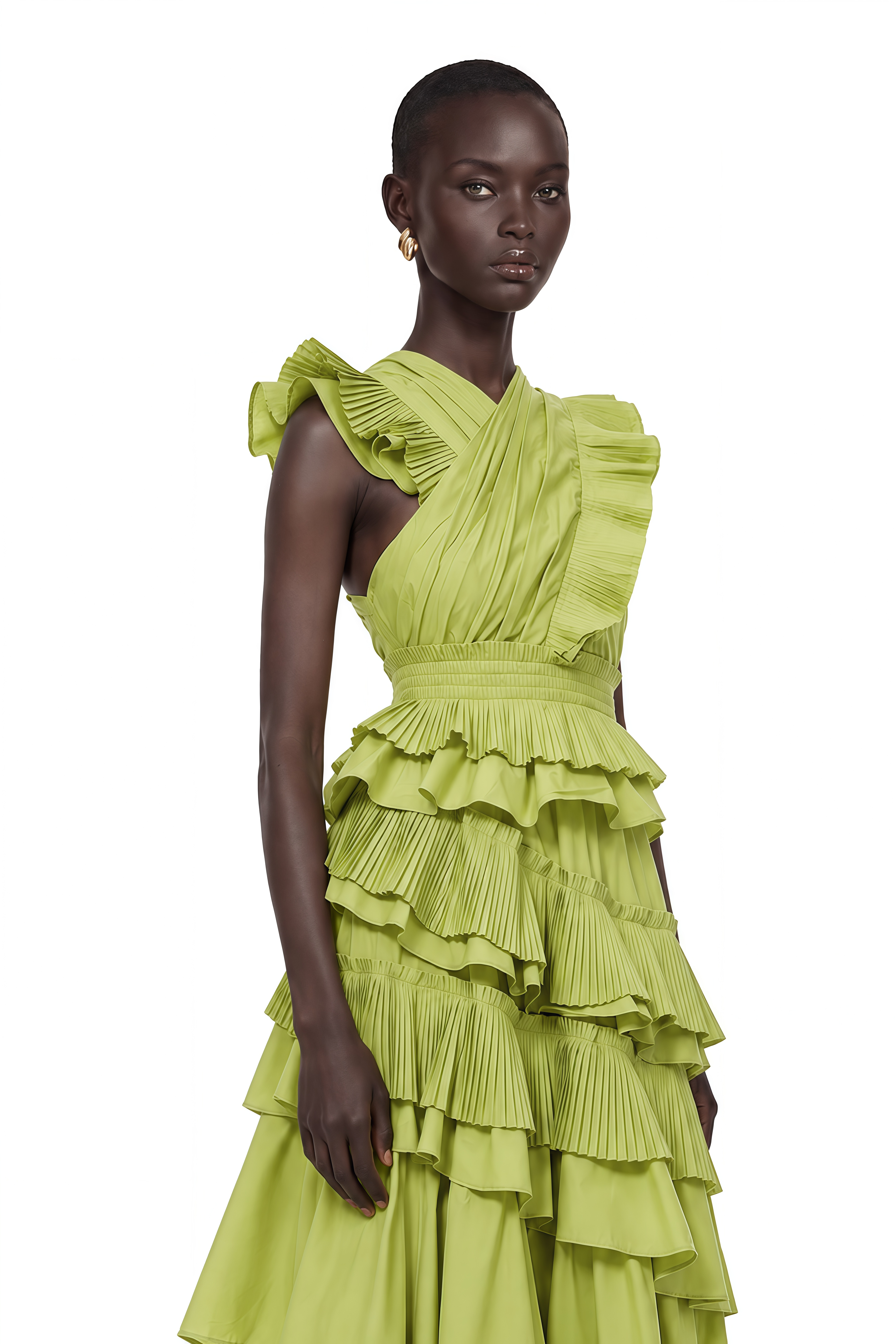 Raffaella Green Asymmetrical Ruffled Tiered Midi Dress