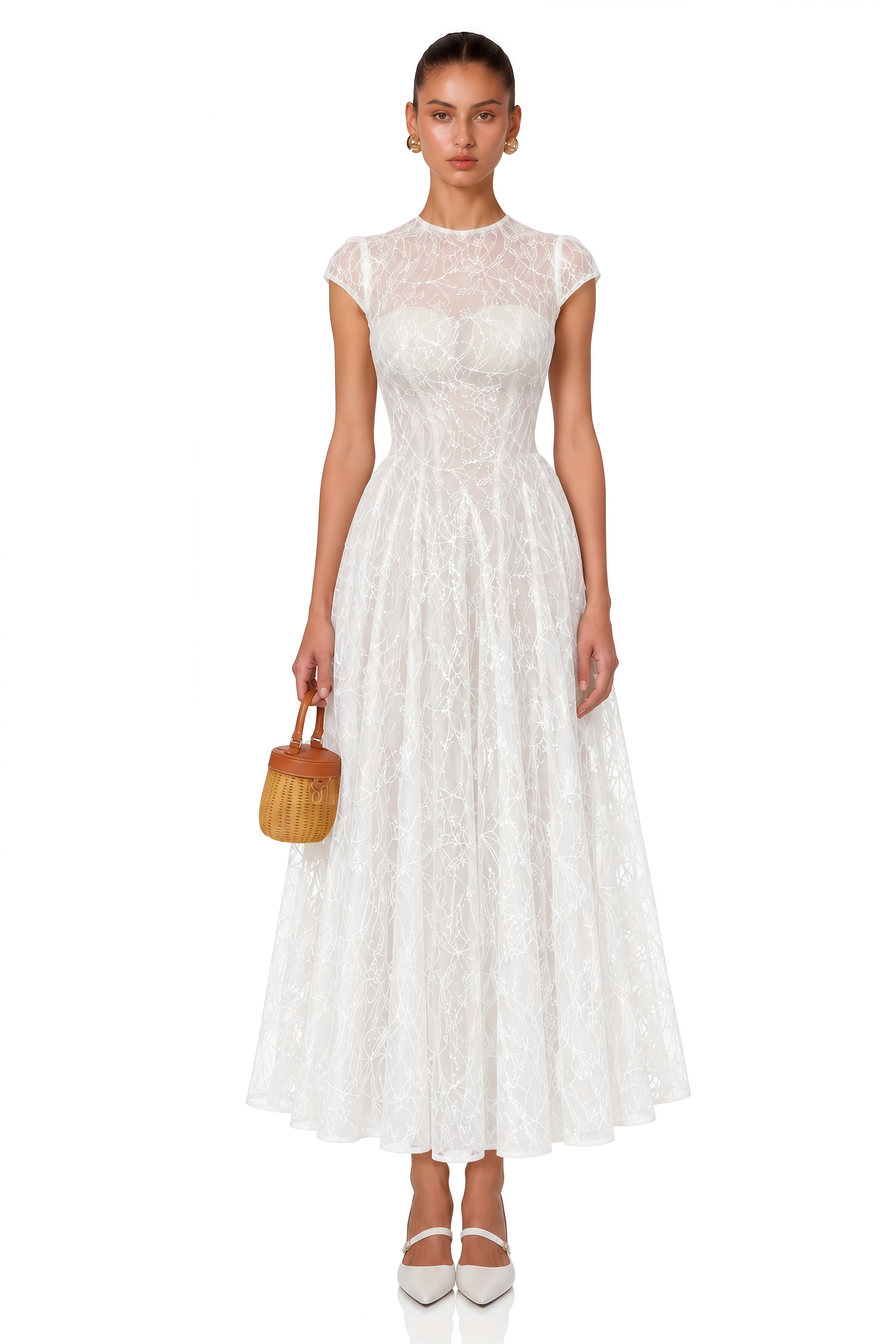 Velia White Lace Glitter Tulle Maxi Gown