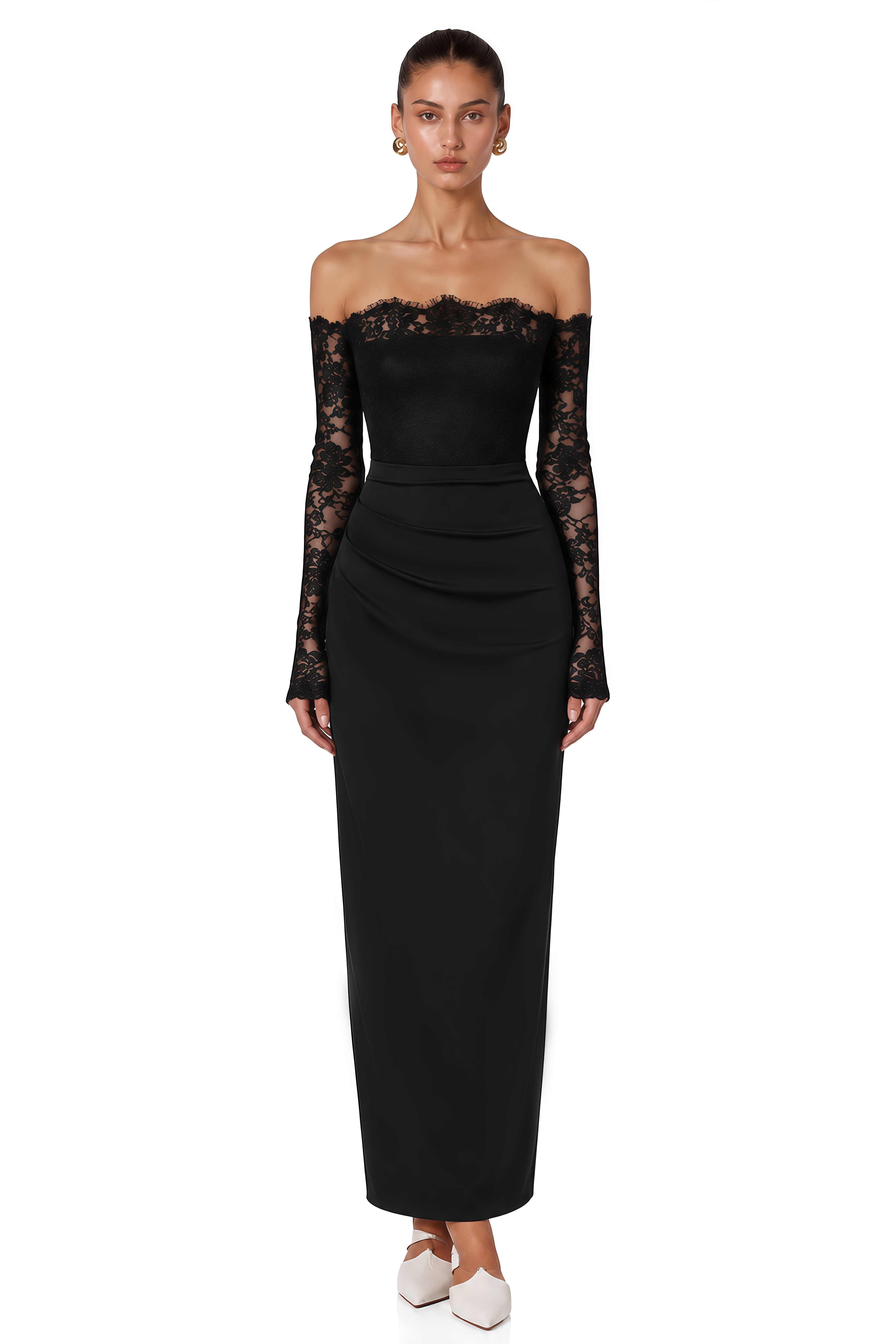 Nephele Black Off Shoulder Floral Lace Maxi Dress