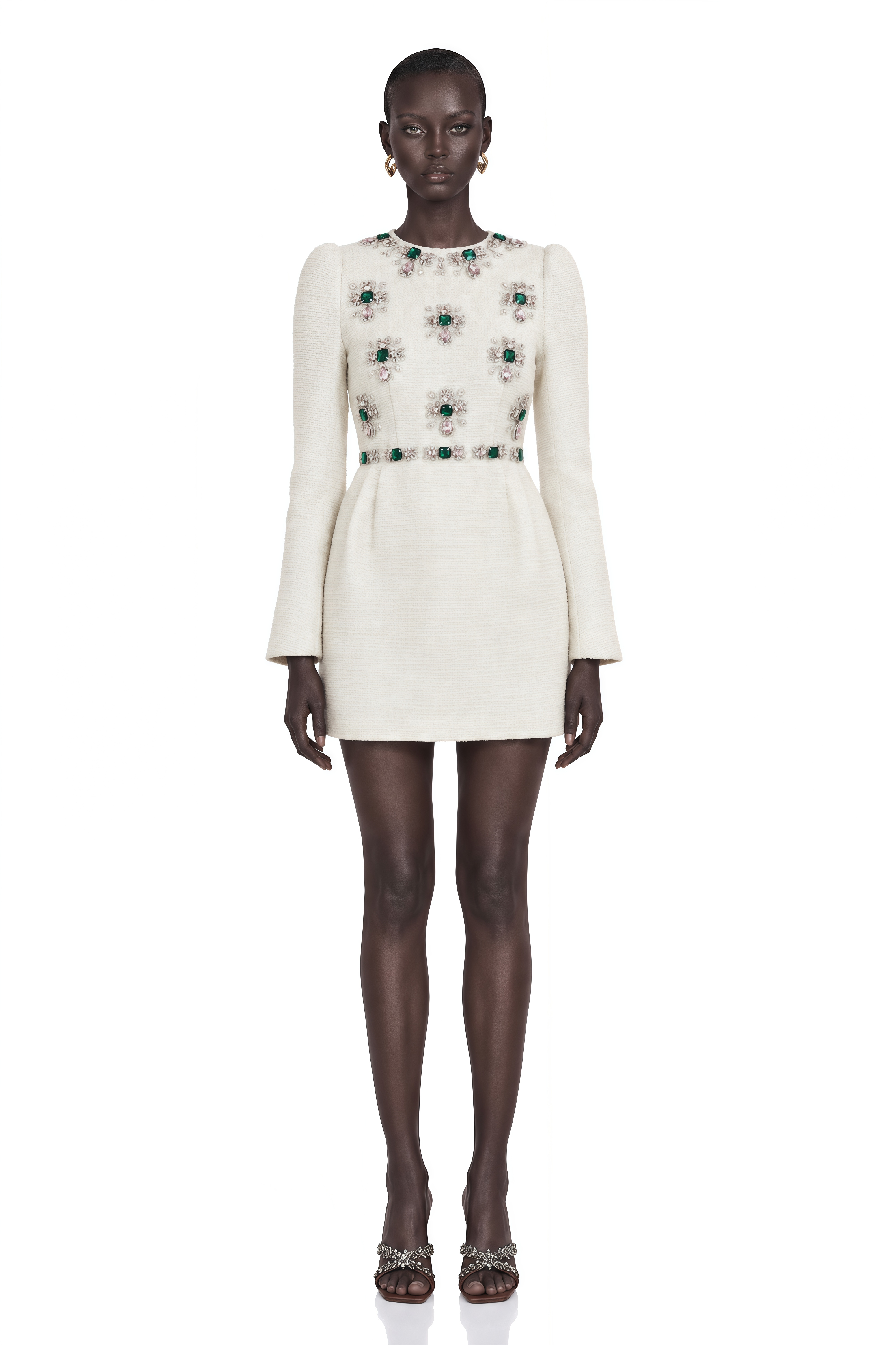 Pauline White Tweed Bead-Embellished Mini Dress