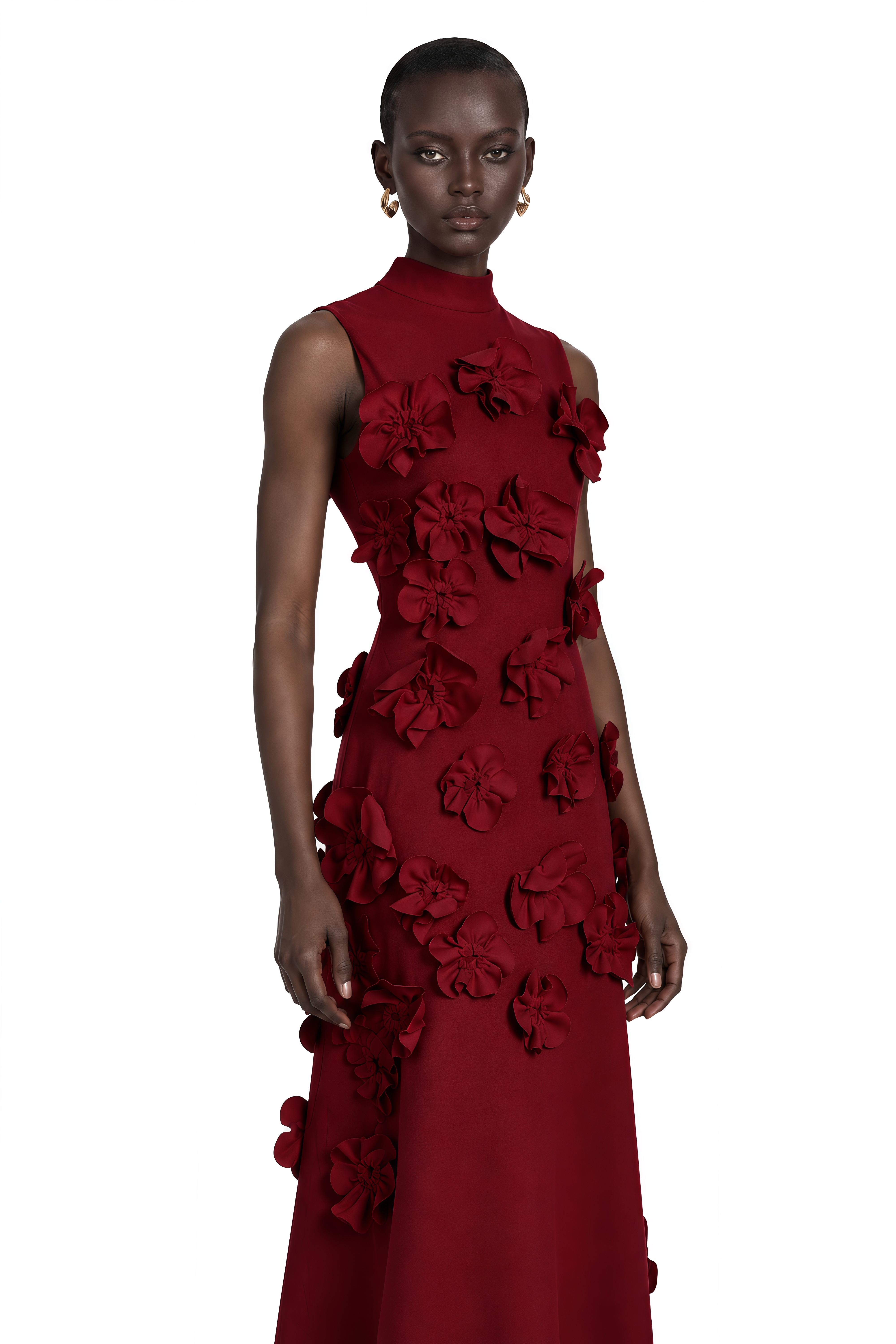Magali Red Sleeveless Maxi Dress with Faux Flower & Bow-Tie Embellishment
