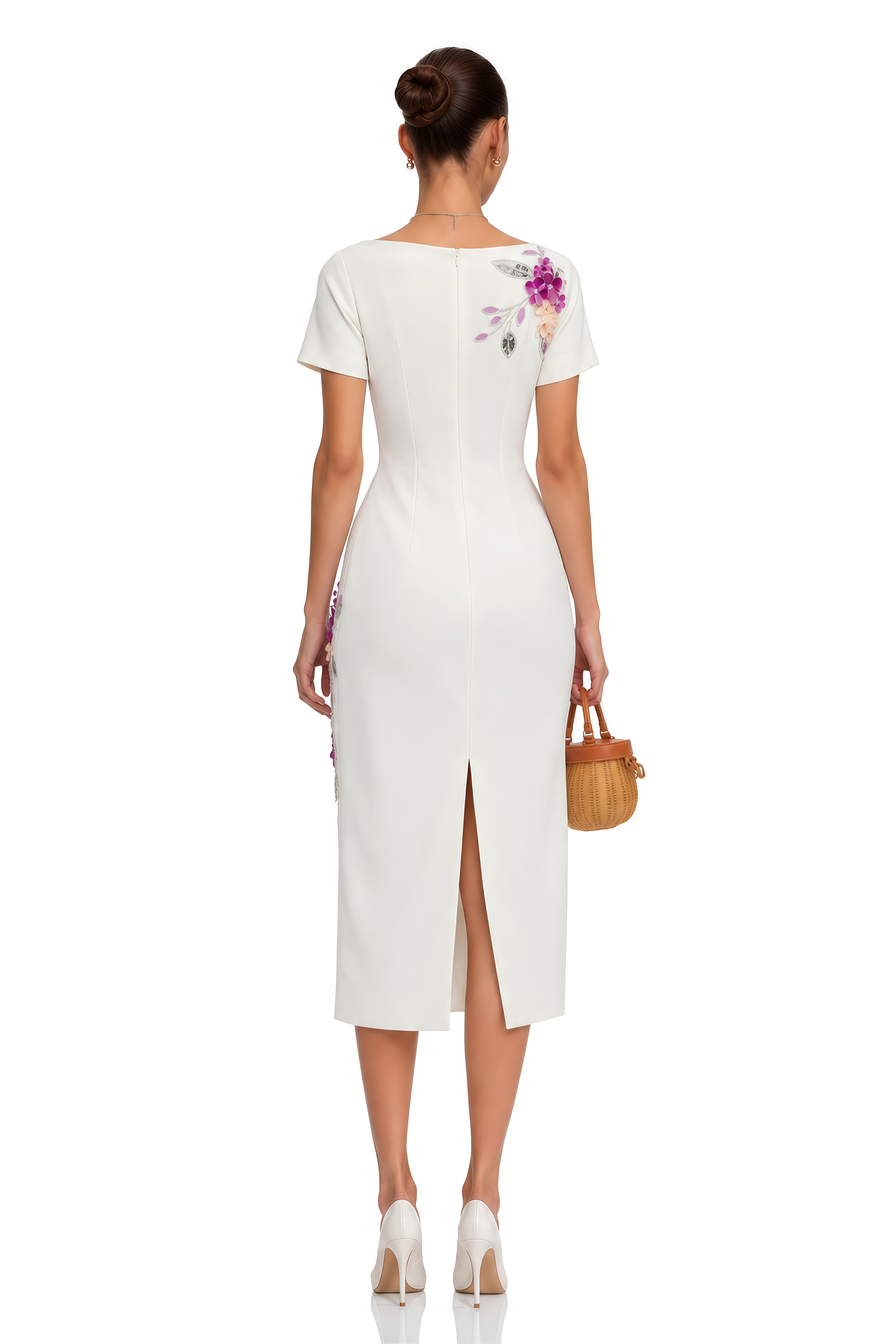 Althea White Short Sleeves Midi Dress with 3D Florals