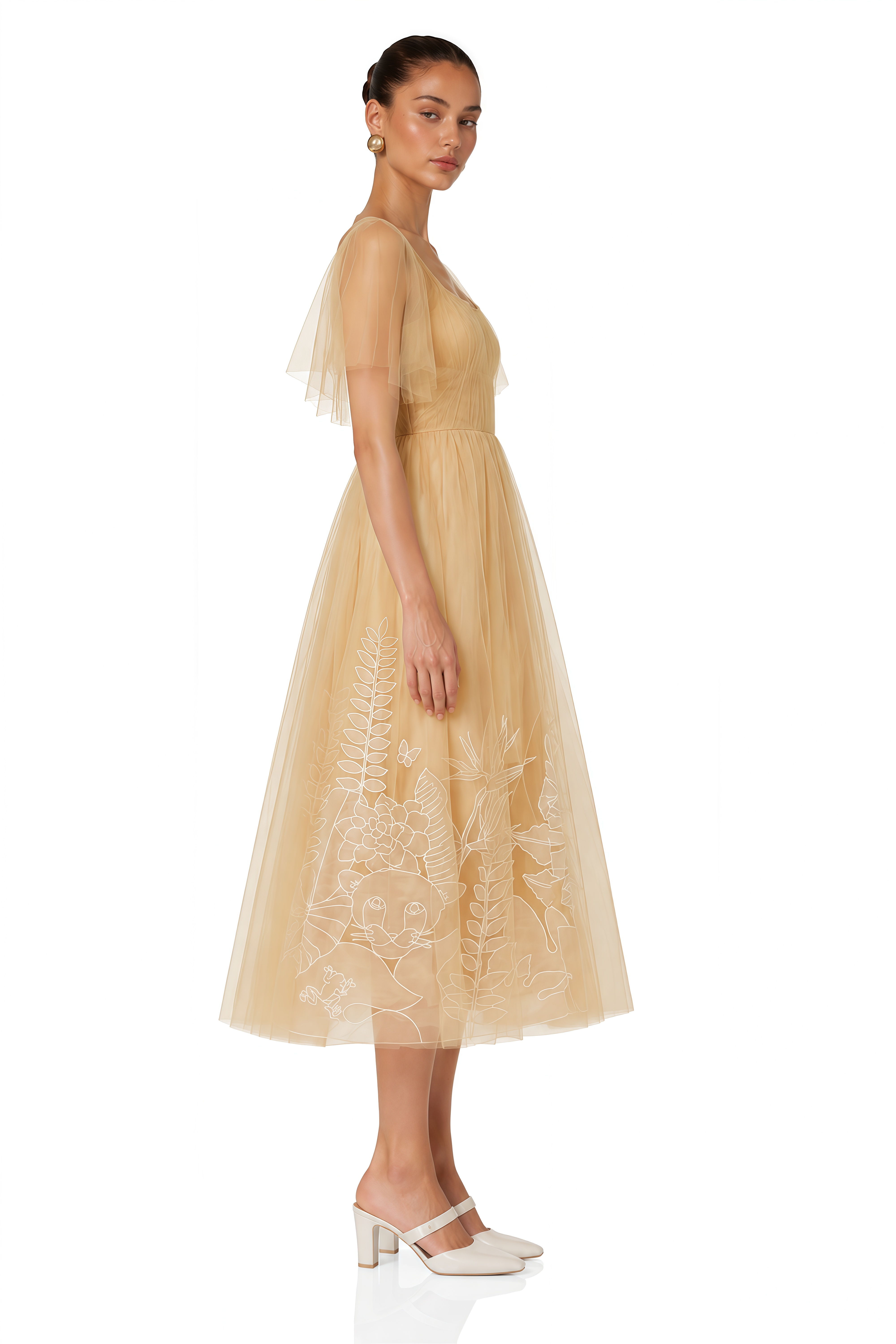 Blanka Neutral Pleated Jacquard Tulle Midi Dress