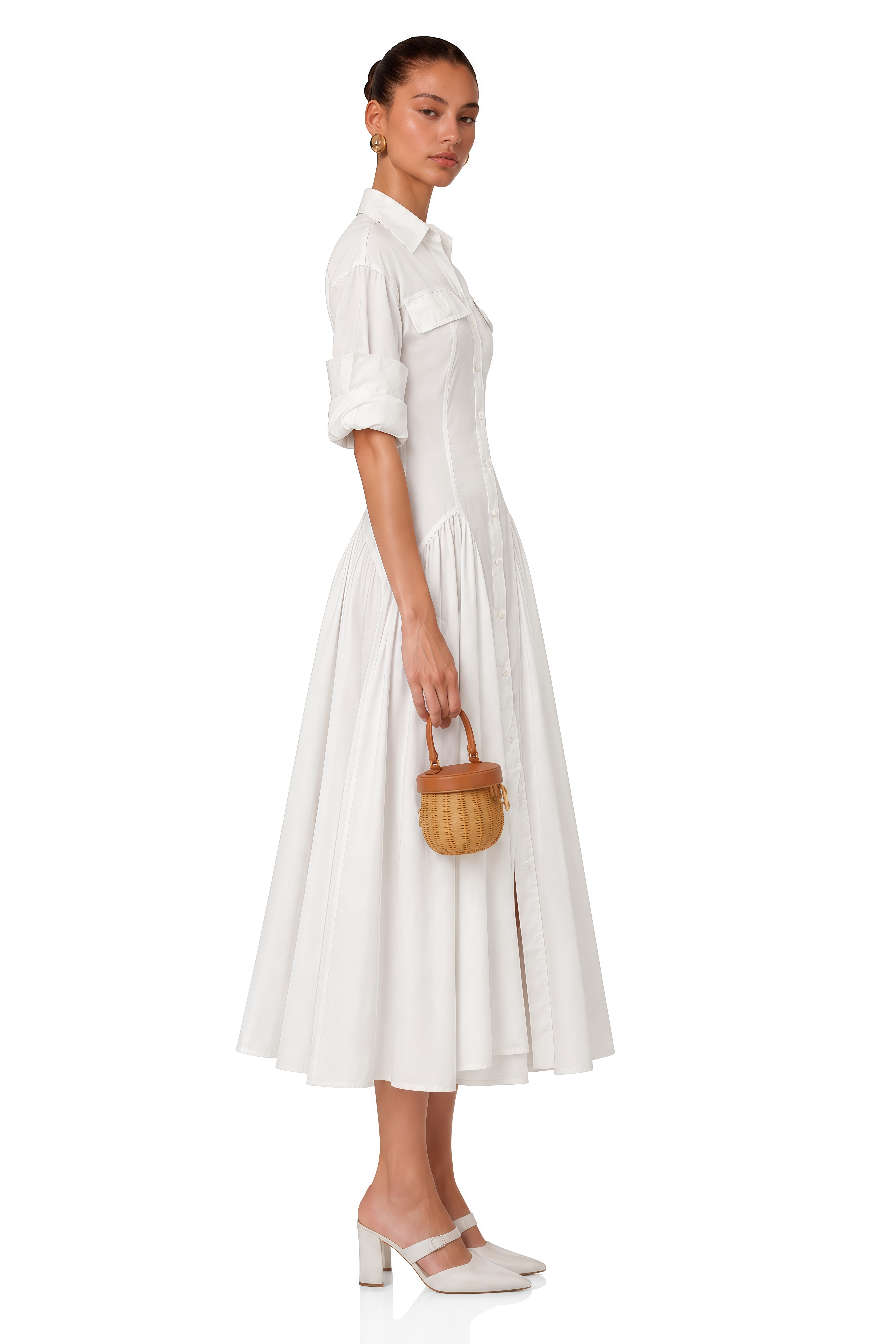 Dulcie White Front-Slit Shirred Shirt Dress