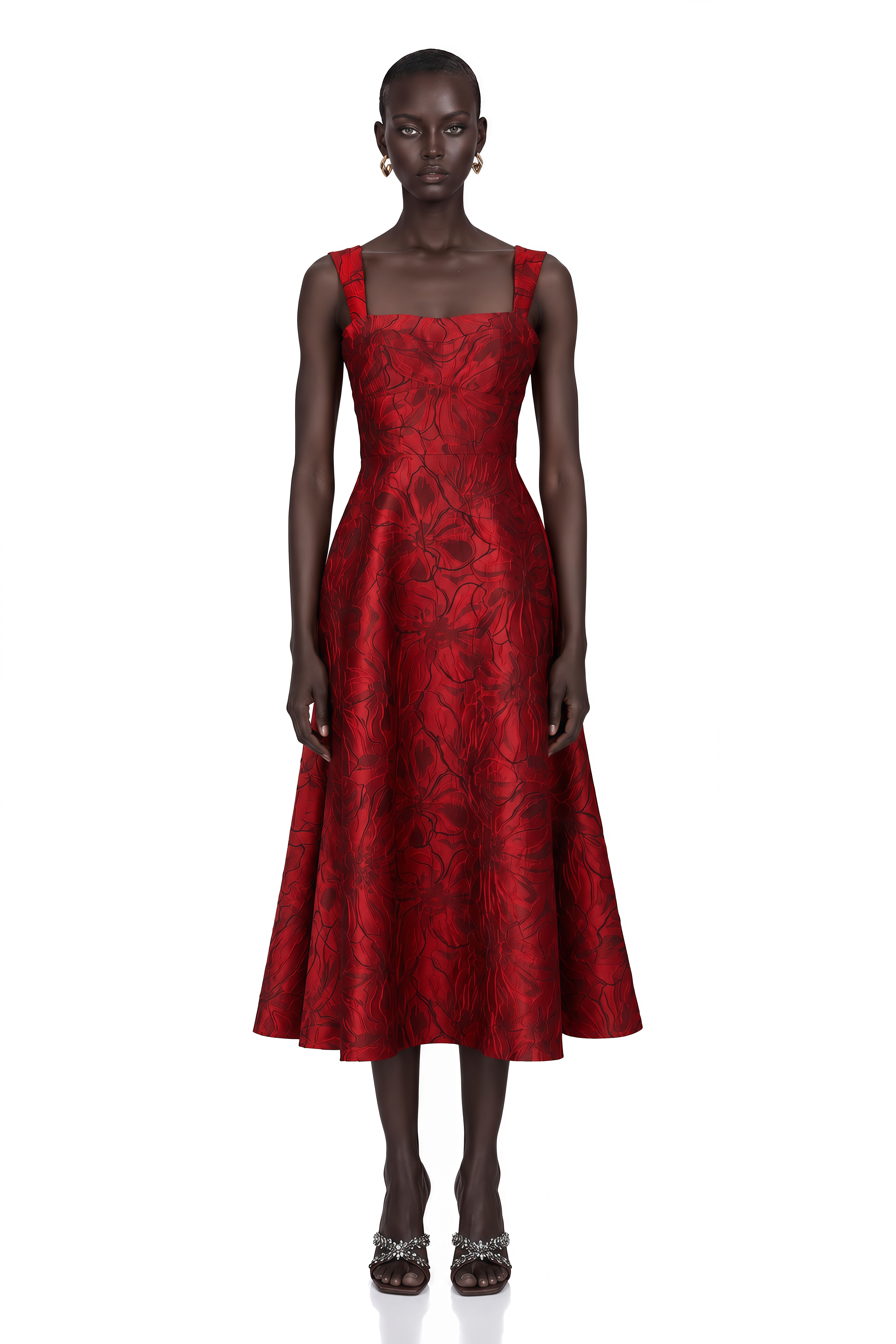 Hélène Red Floral-Jacquard Midi Dress