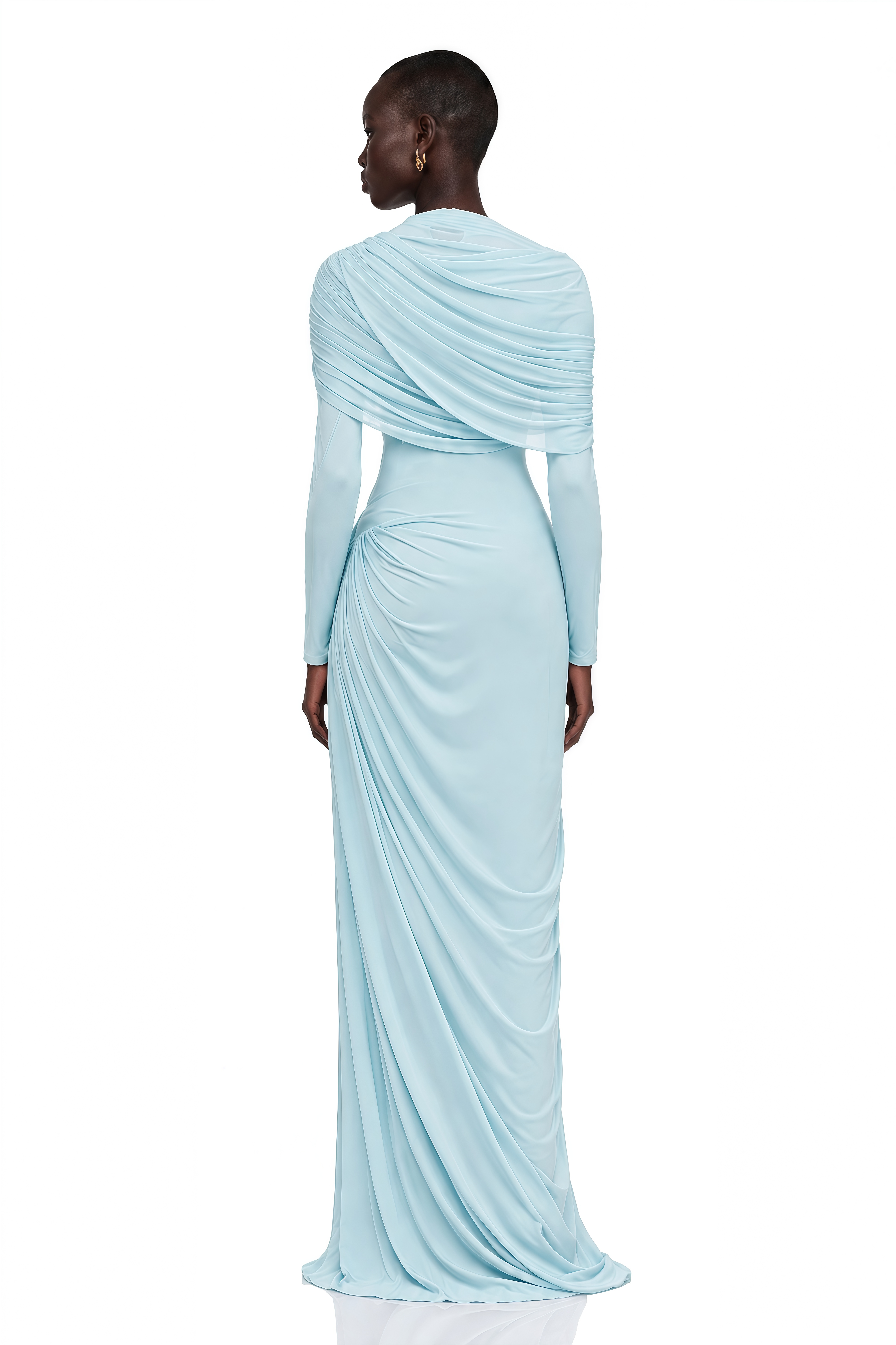 Catherine Baby-Blue Asymmetrical Pleated Long-Sleeve Maxi Dress
