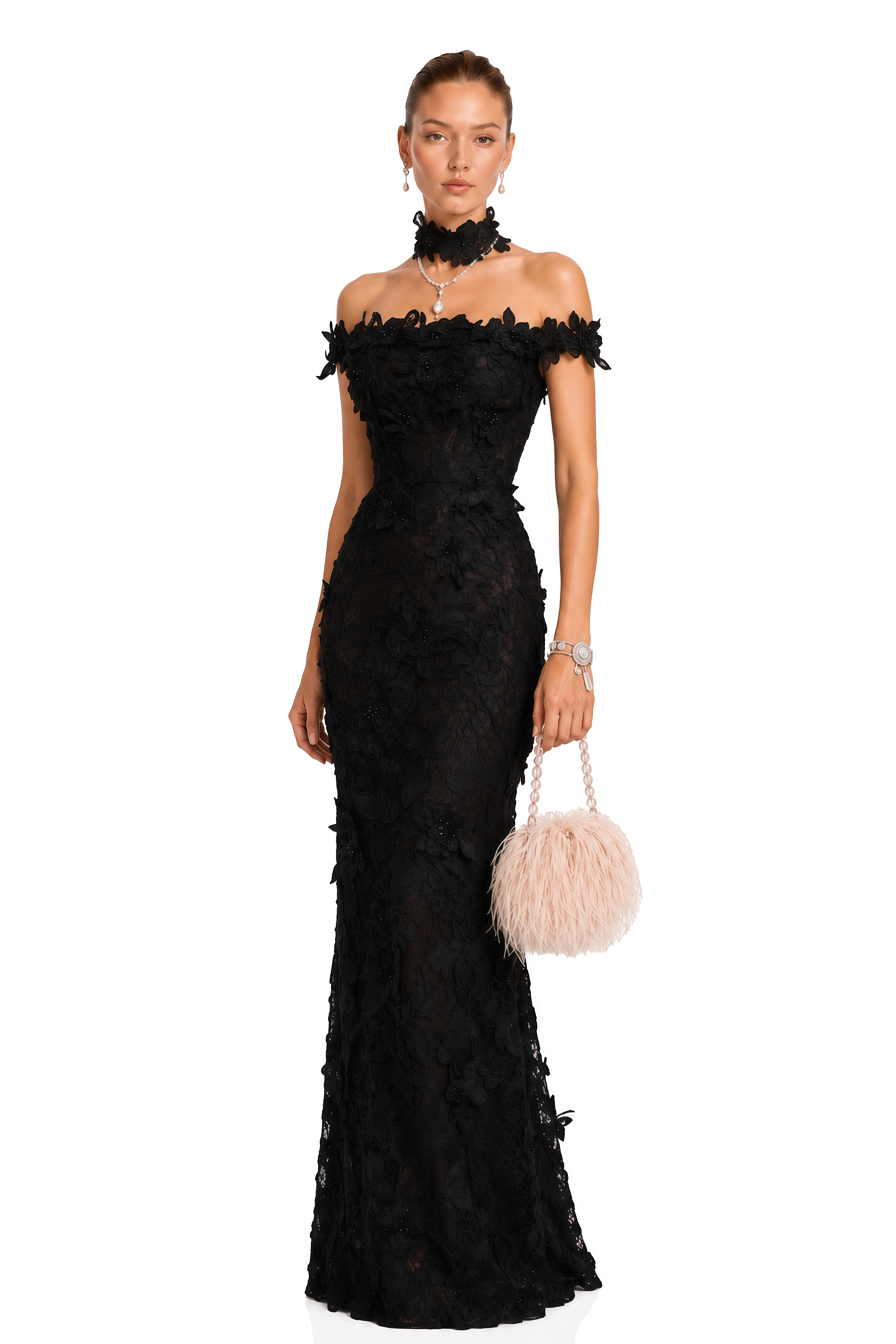 Hecate Black Beaded Lace Maxi Dress with 3D Florals