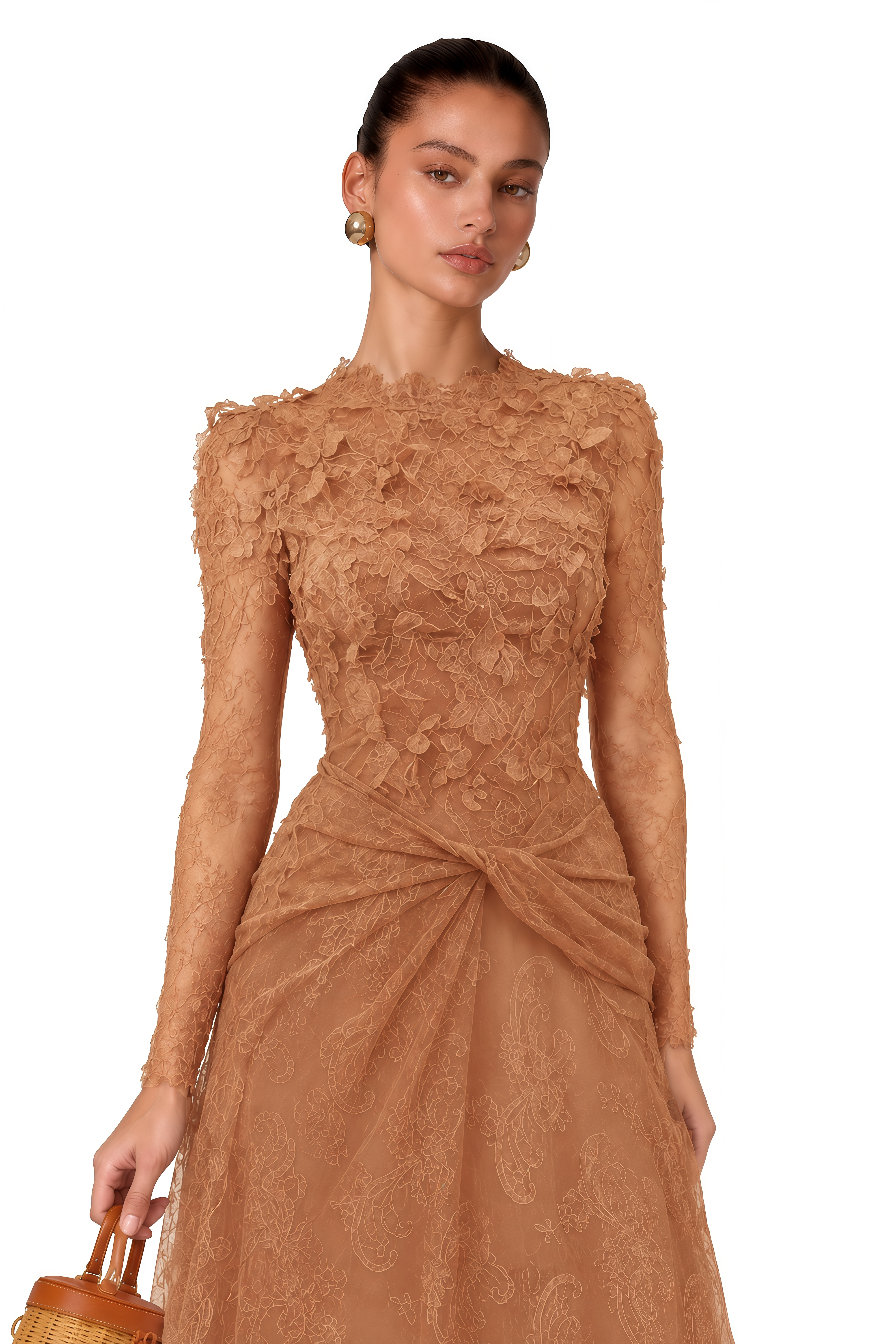 Hadley Caramel Twisted Floral Lace Midi Dress