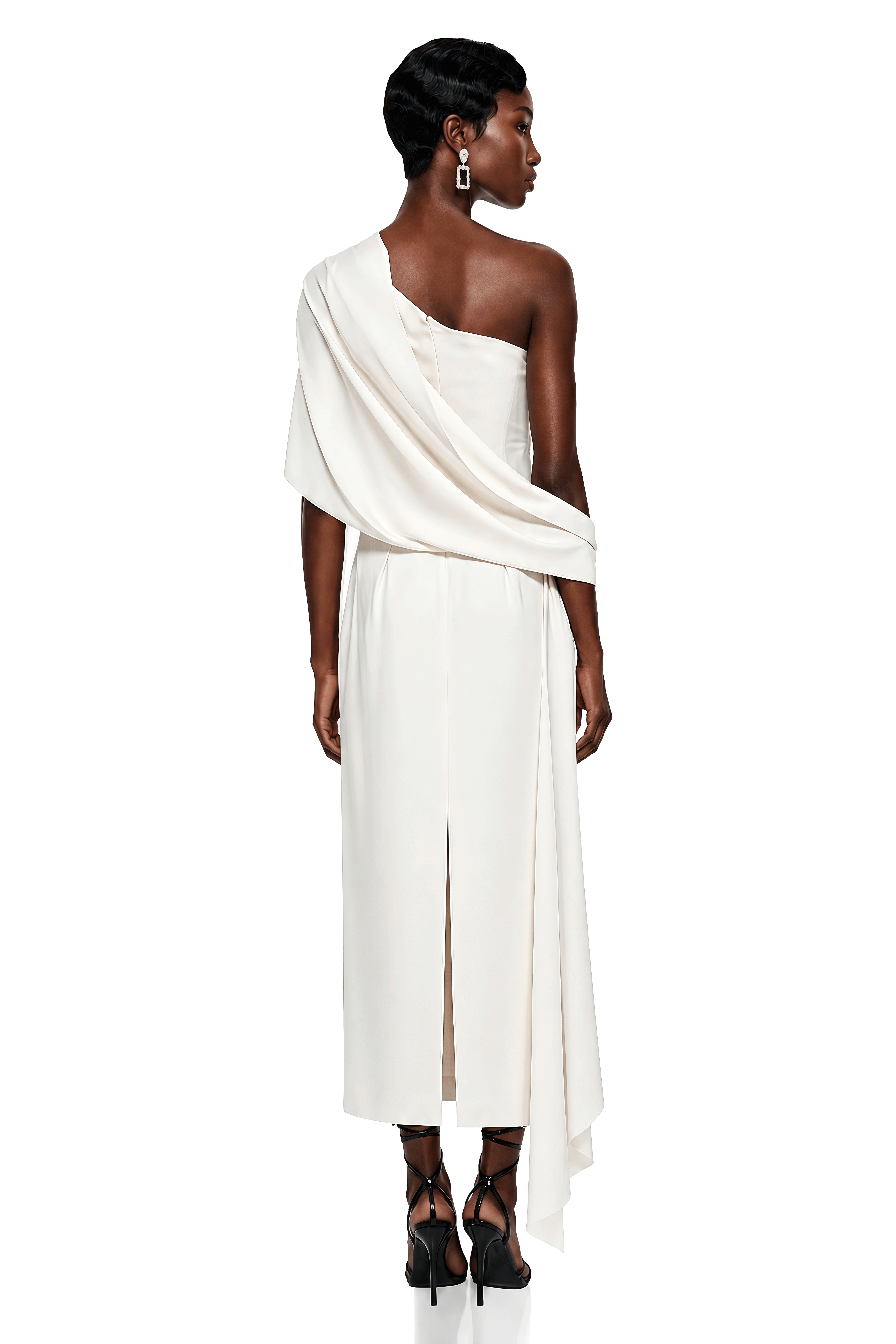 Duygu White Asymmetrical Ruched Midi Dress
