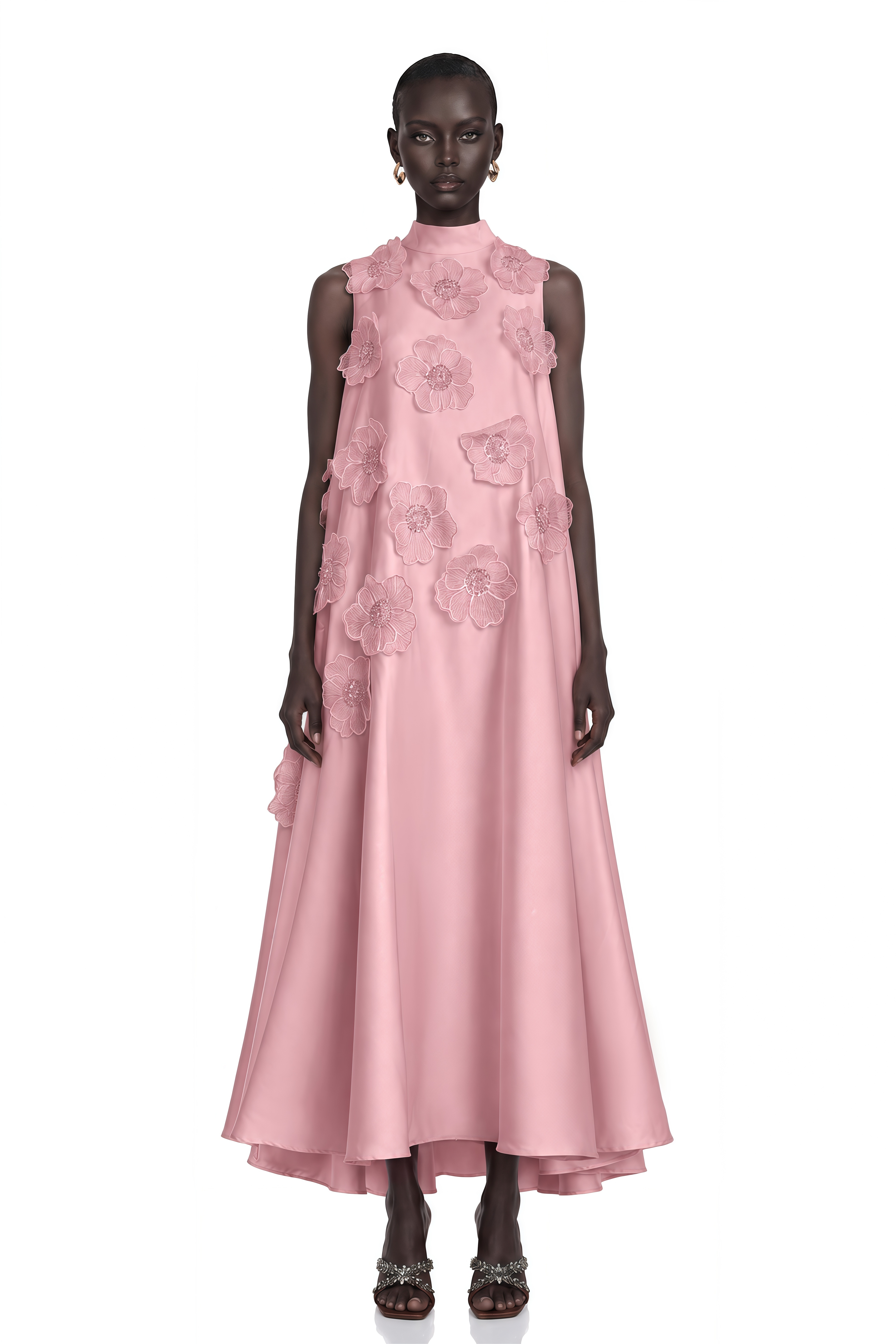 Émilie Sleeveless Floral-Applique Midi Dress in Pink
