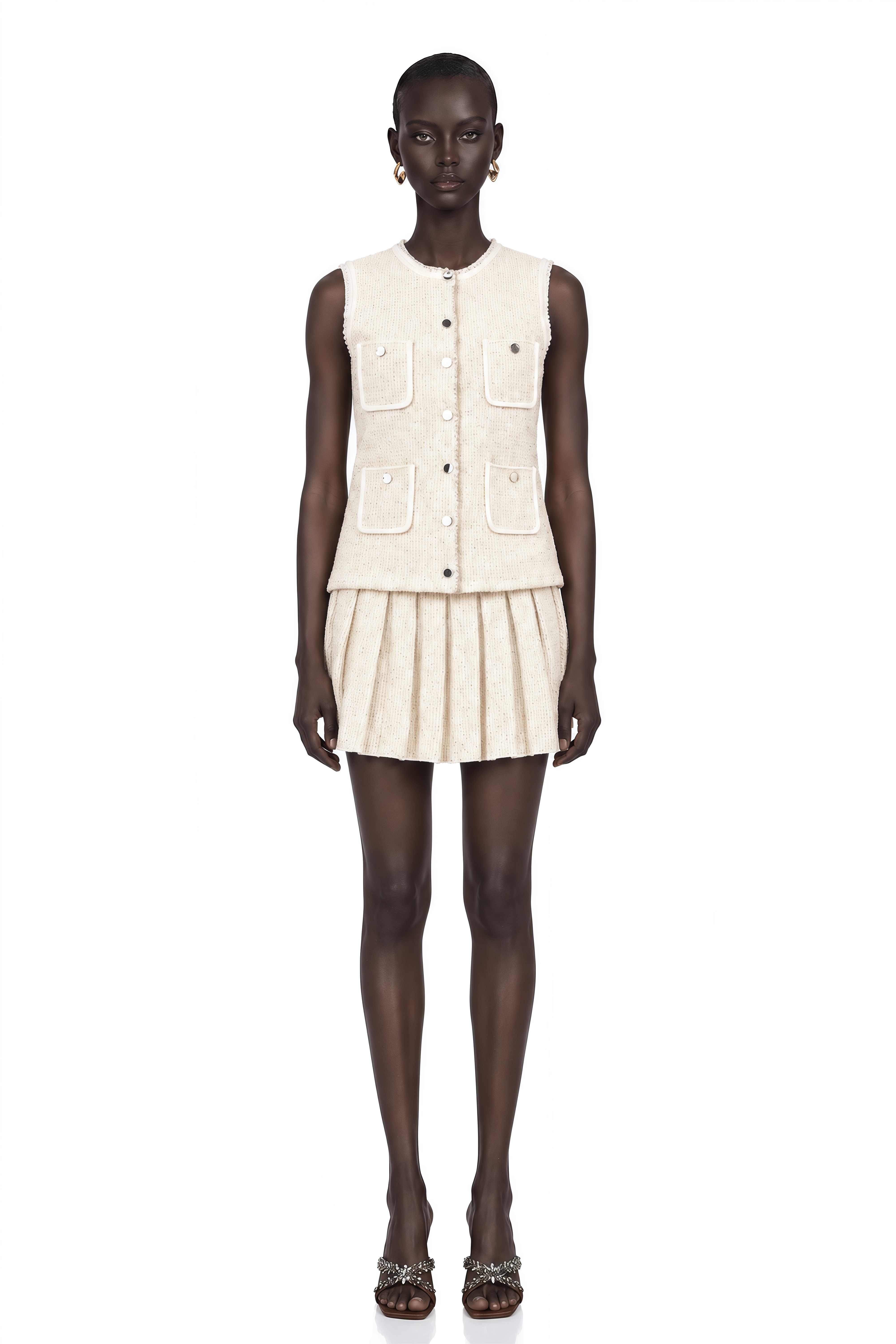 Hélène Beige Sequined Knit Vest Top & Skirt Matching Set – Miss Rosier