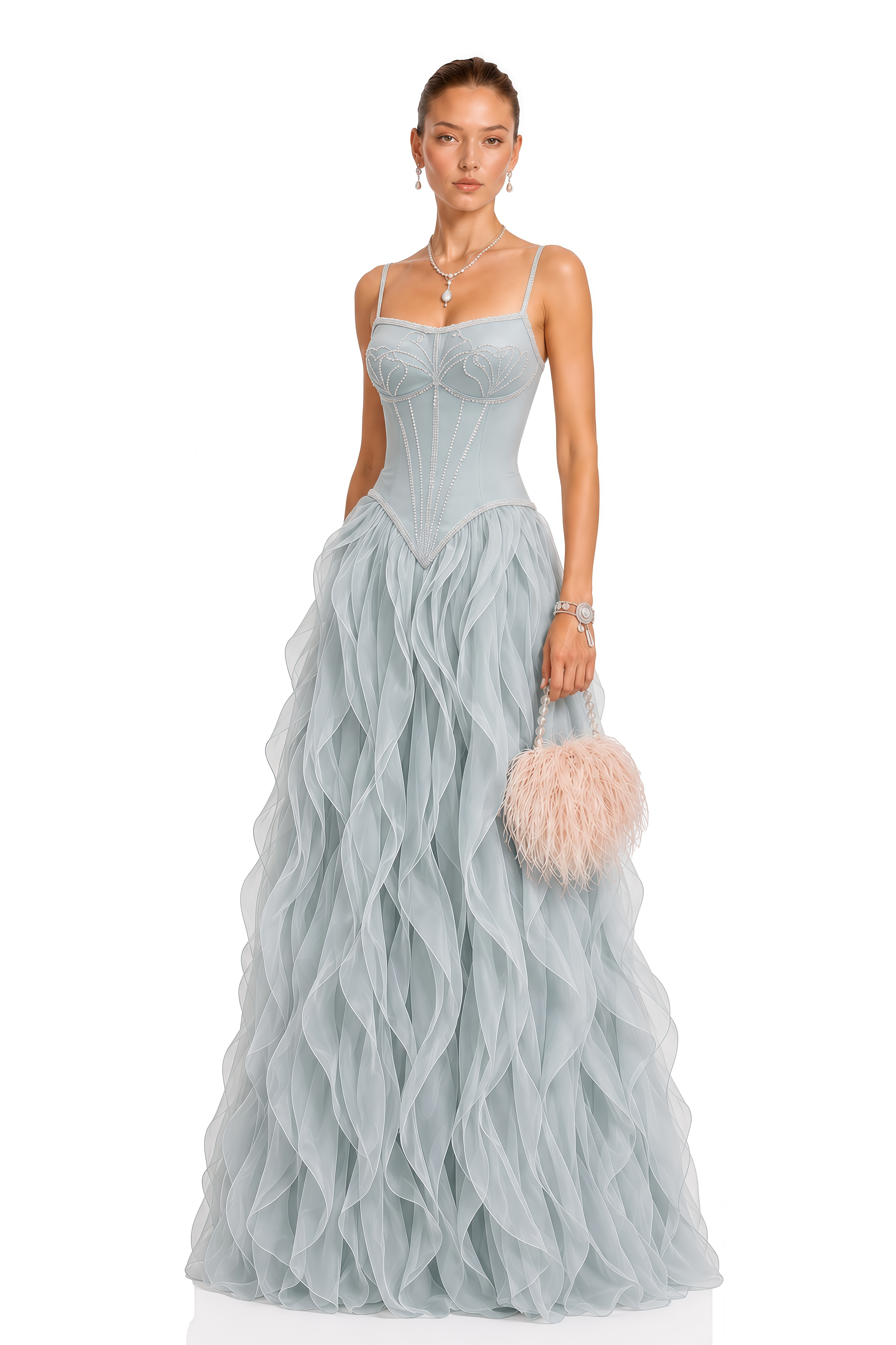 Ianthe Dusty Blue Ruffled Tulle Maxi Dress (Without Gloves)